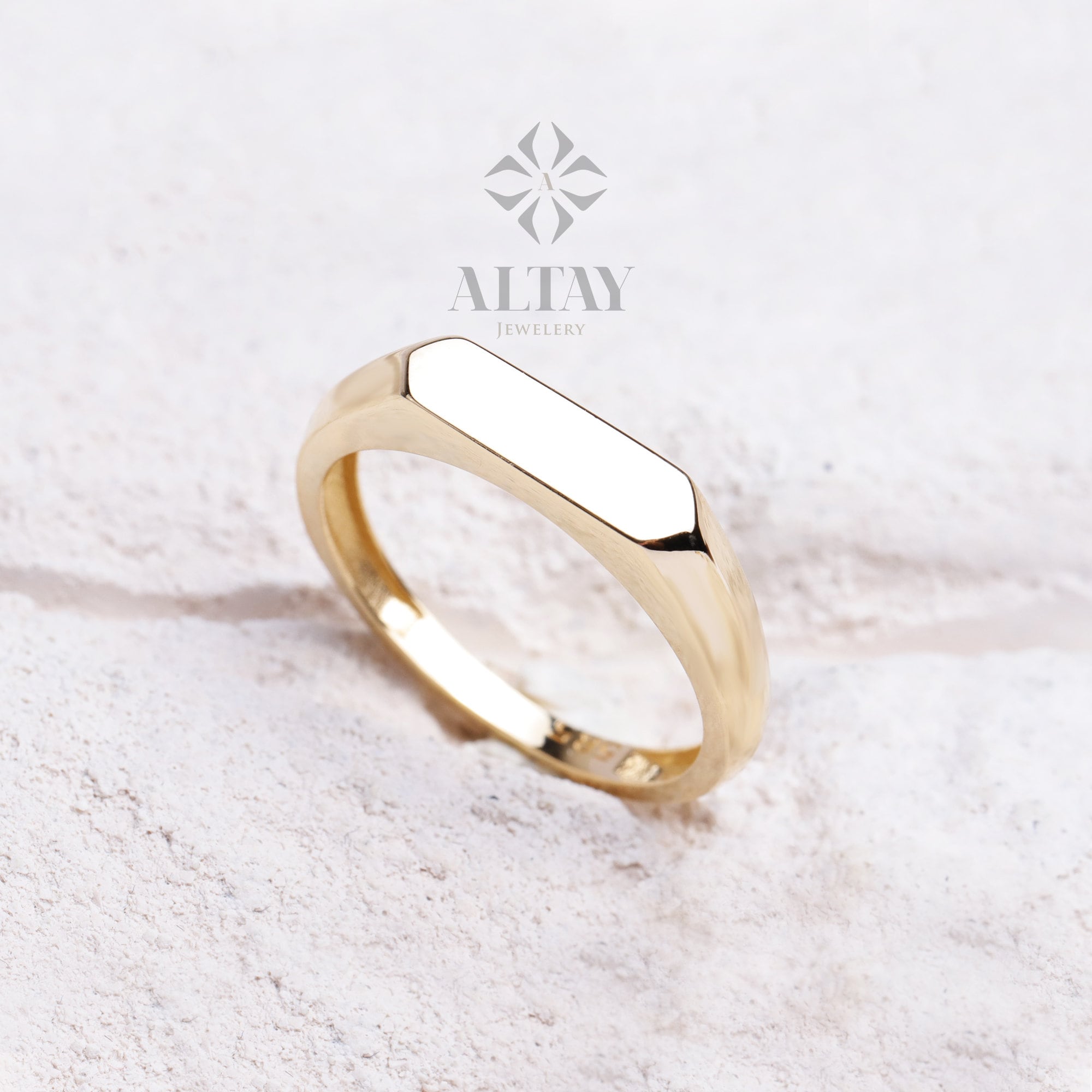 14K Gold Signet Bar Ring, Rectangle Signet Band, Chevalier Ring, Engraved Signet Ring, Custom Name Pinky Ring, Dainty Personalized Flat Ring