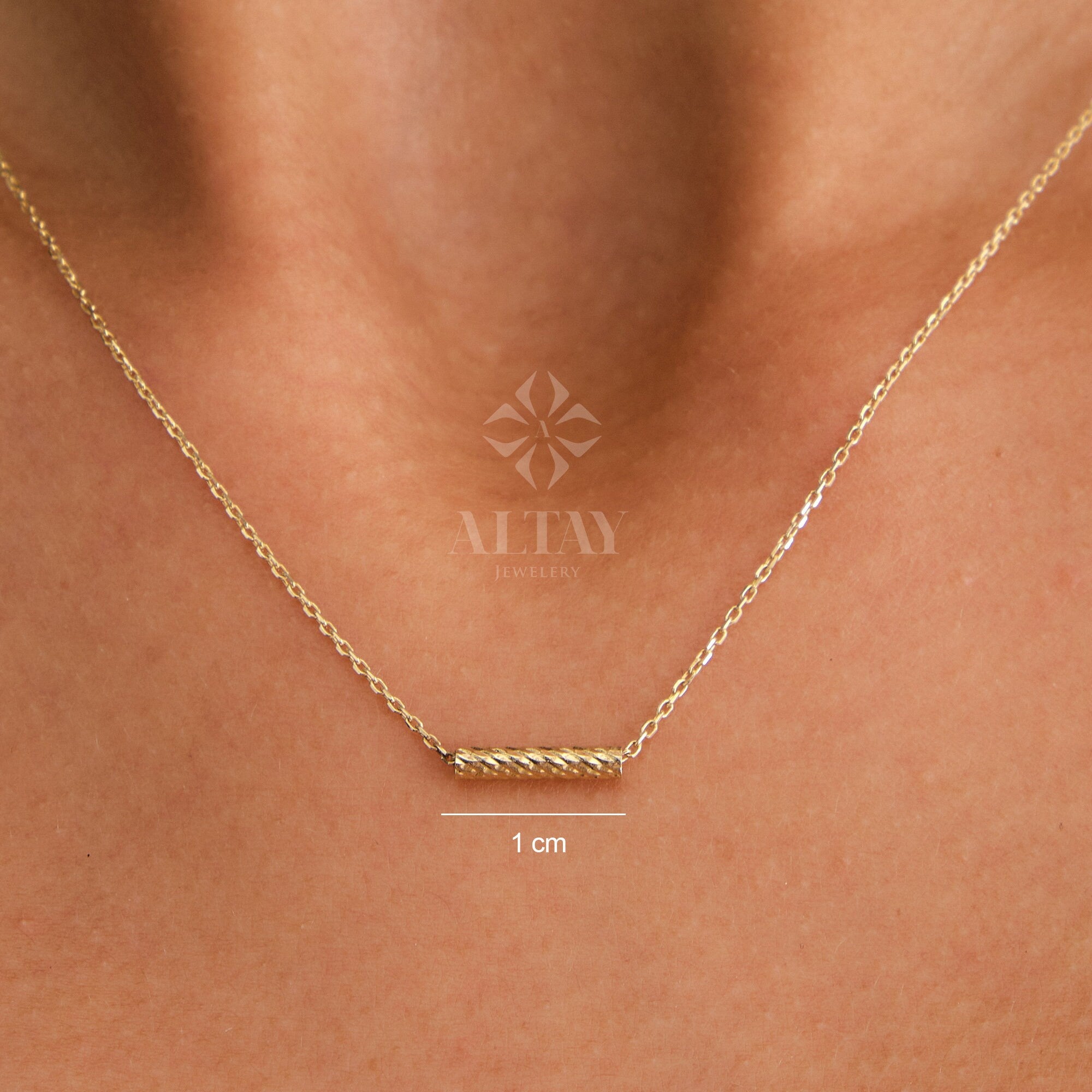 14K Gold Tube Bar Necklace, Textured Bar Pendant, Bar Chain Choker, Layering Gold Necklace, Dainty Tube Charm Necklace, Delicate Gift