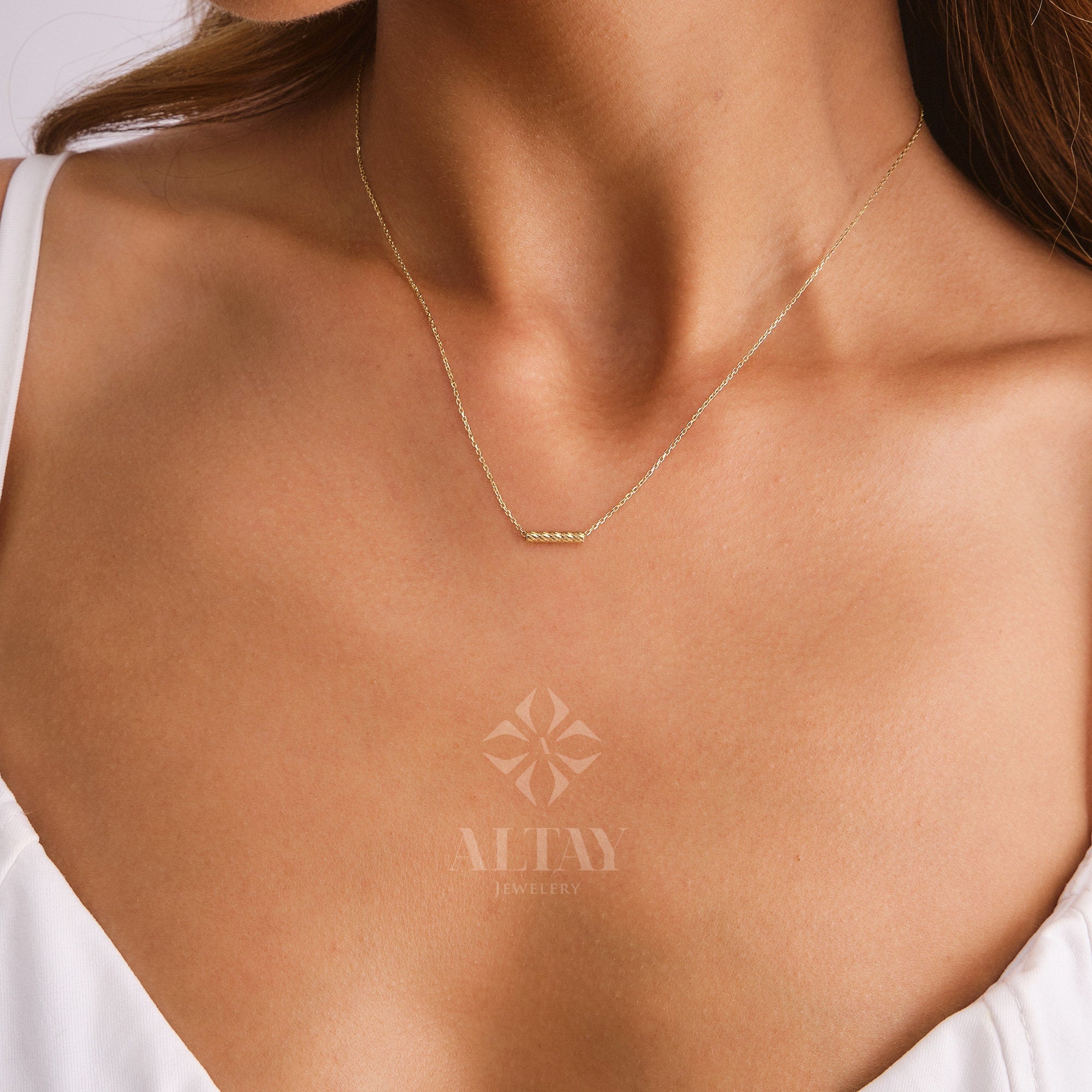 14K Gold Tube Bar Necklace, Textured Bar Pendant, Bar Chain Choker, Layering Gold Necklace, Dainty Tube Charm Necklace, Delicate Gift