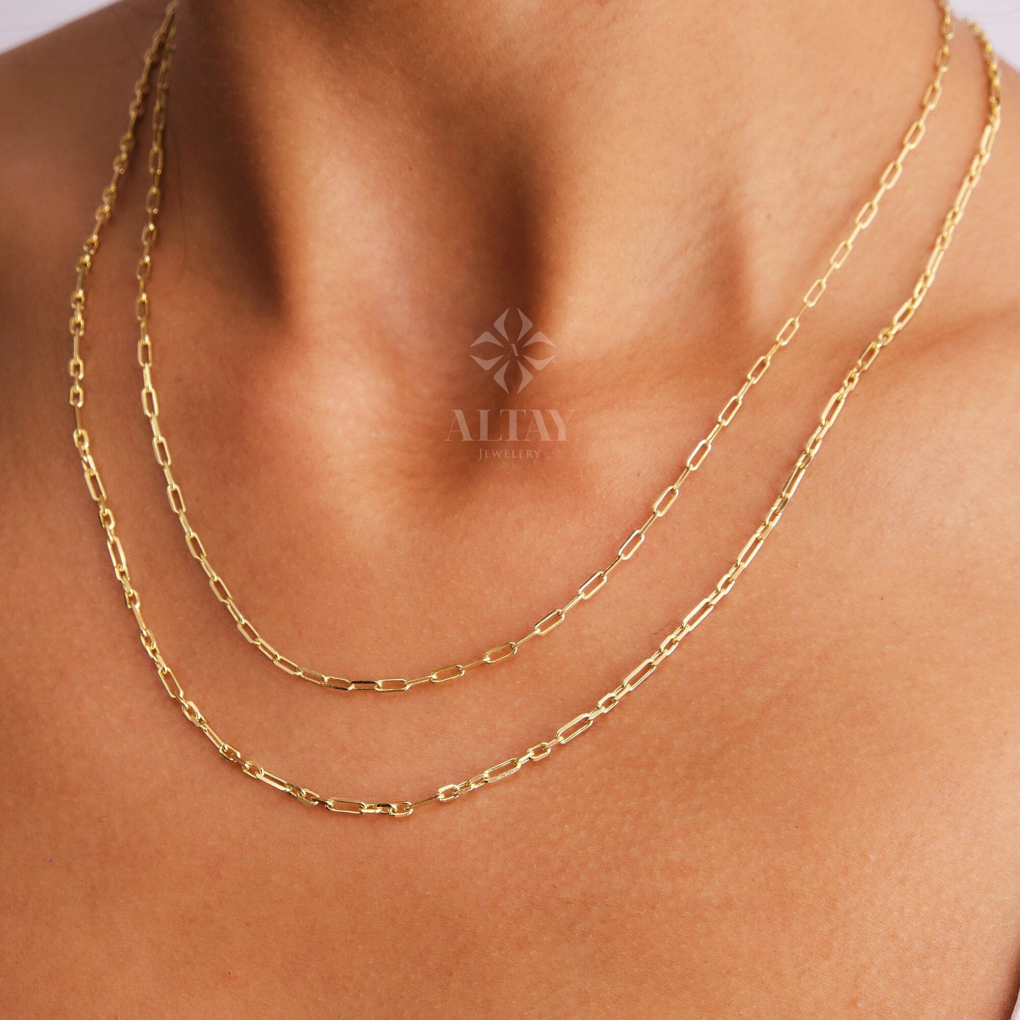 14K Gold Paperclip Chain Necklace, Rectangle Link Choker, Link Chain Necklace, Italian Paperclip Chain Necklace, Dainty Layering Link Chain