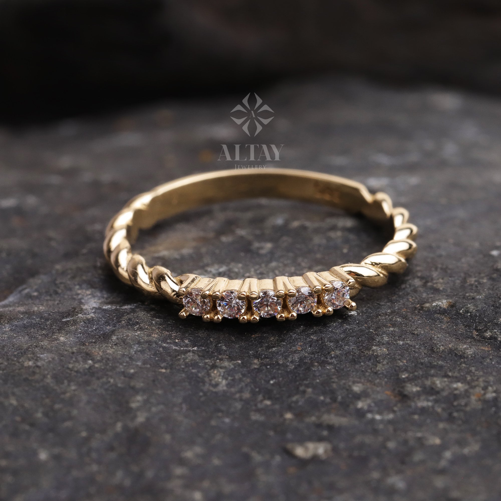 14K Gold 5 Stone CZ Diamond Wedding Ring, Braided Band, Promise Anniversary Ring, Bridal Ring, Five Stone Stacking Ring, Dainty Wedding Ring