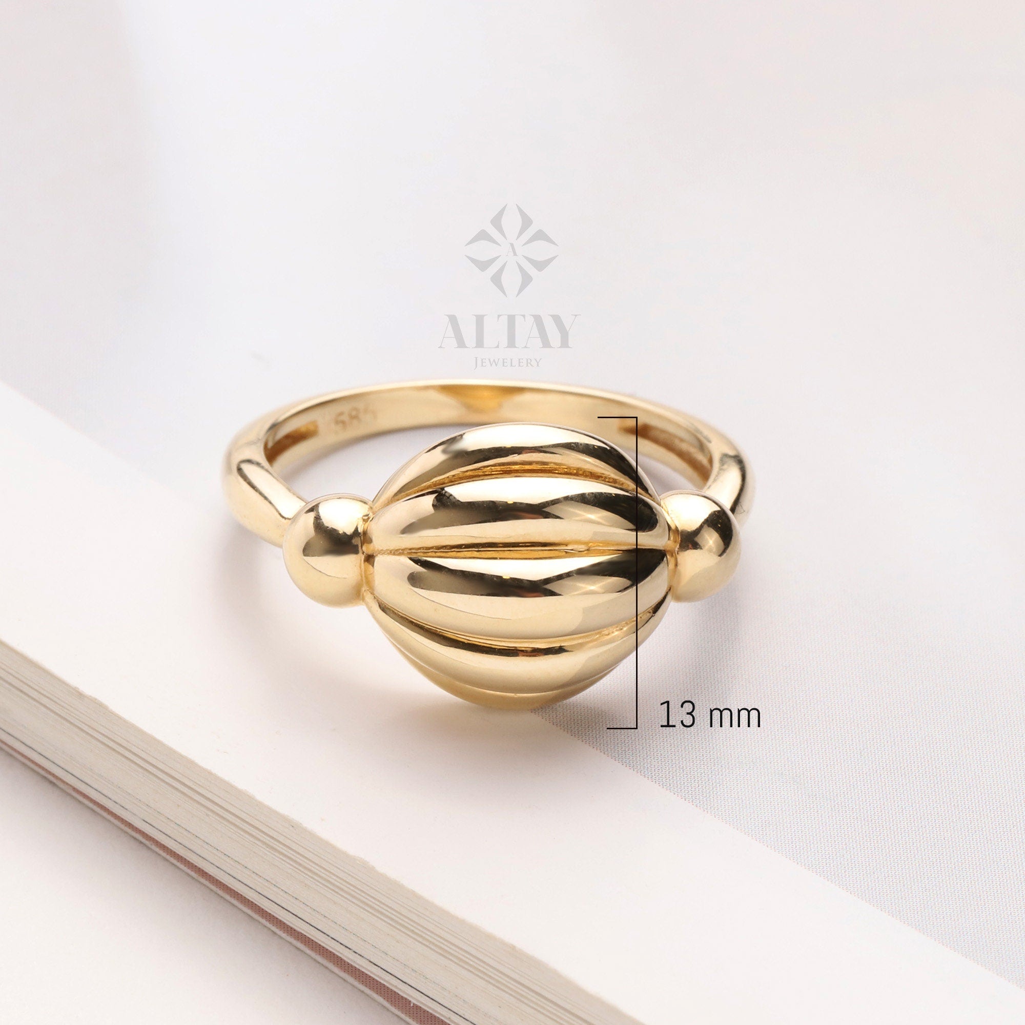 14K Gold Croissant Ring, Dome Twist Ring, Large Bubble Ring, Bold Ribbed Ring, Dainty Twist Dome Ring, Delicate Dome Ring, Statement Ring