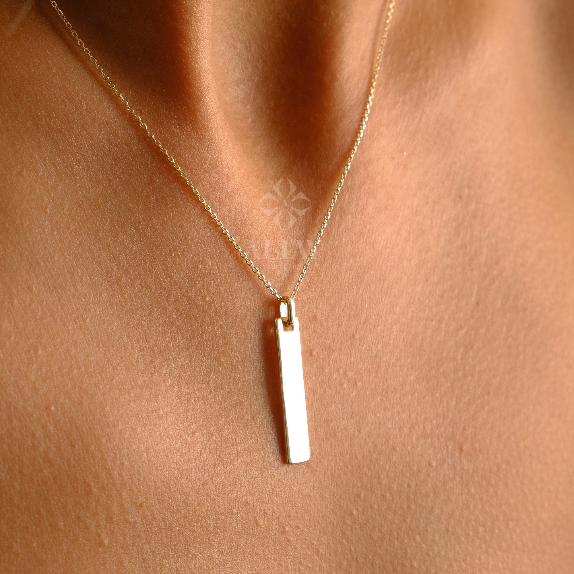 14K Gold Birth Flower Tag Necklace, Gold Bar Tag Pendant, Custom Engraved Birth flower Necklace, Floral Dainty Charm, Flower Birth Month