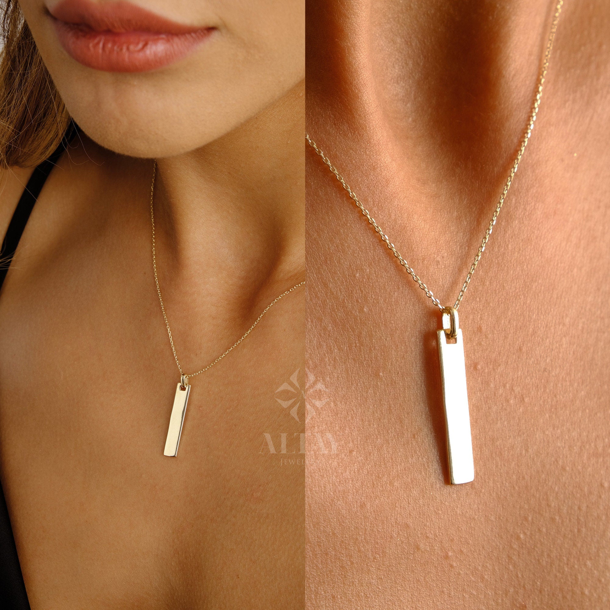 14K Gold Birth Flower Tag Necklace, Gold Bar Tag Pendant, Custom Engraved Birth flower Necklace, Floral Dainty Charm, Flower Birth Month