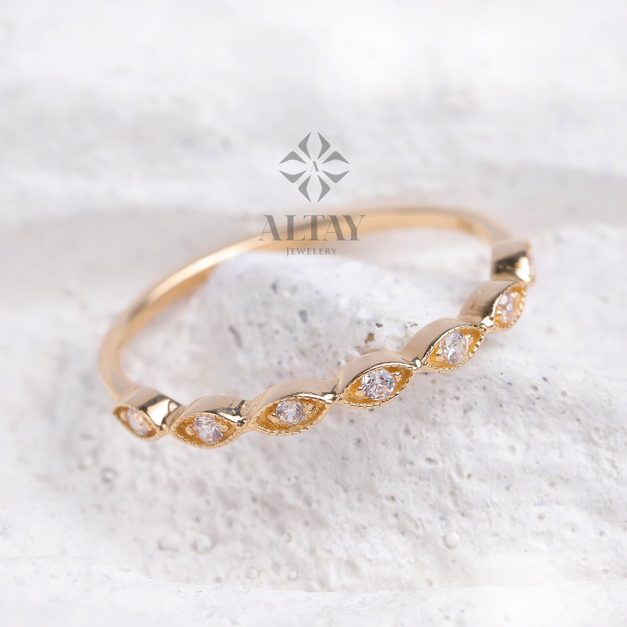 14K Gold Half Eternity Ring, Art Deco Wedding Band Ring, Marquise Band Wedding Ring, Delicate Engagement Band, Stacking Promise Ring