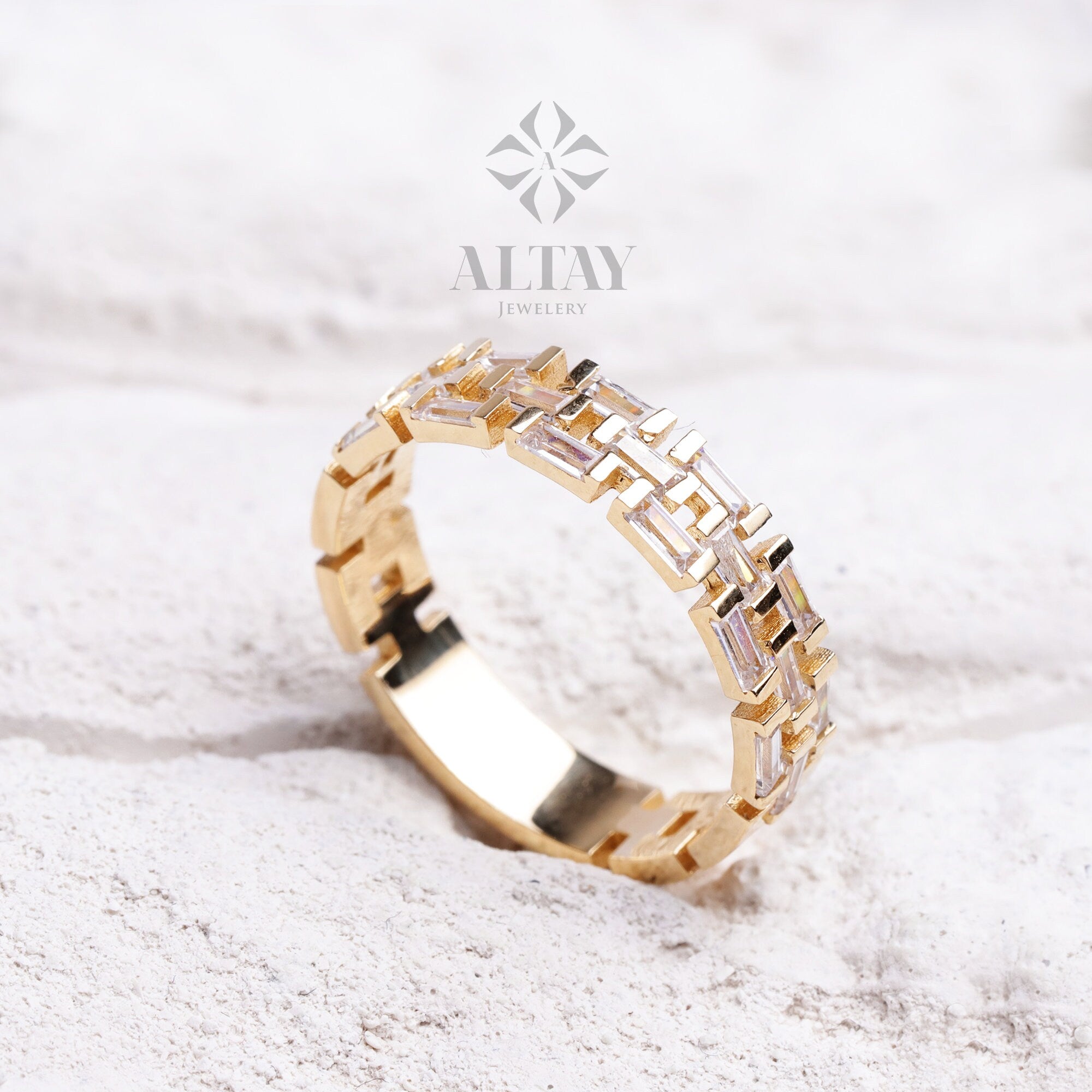 14K Gold Chain Ring, Baguette Cz Diamond Band Ring, President Band Style Unique Chain Ring, Dainty Stacking Ring, Statement Ring