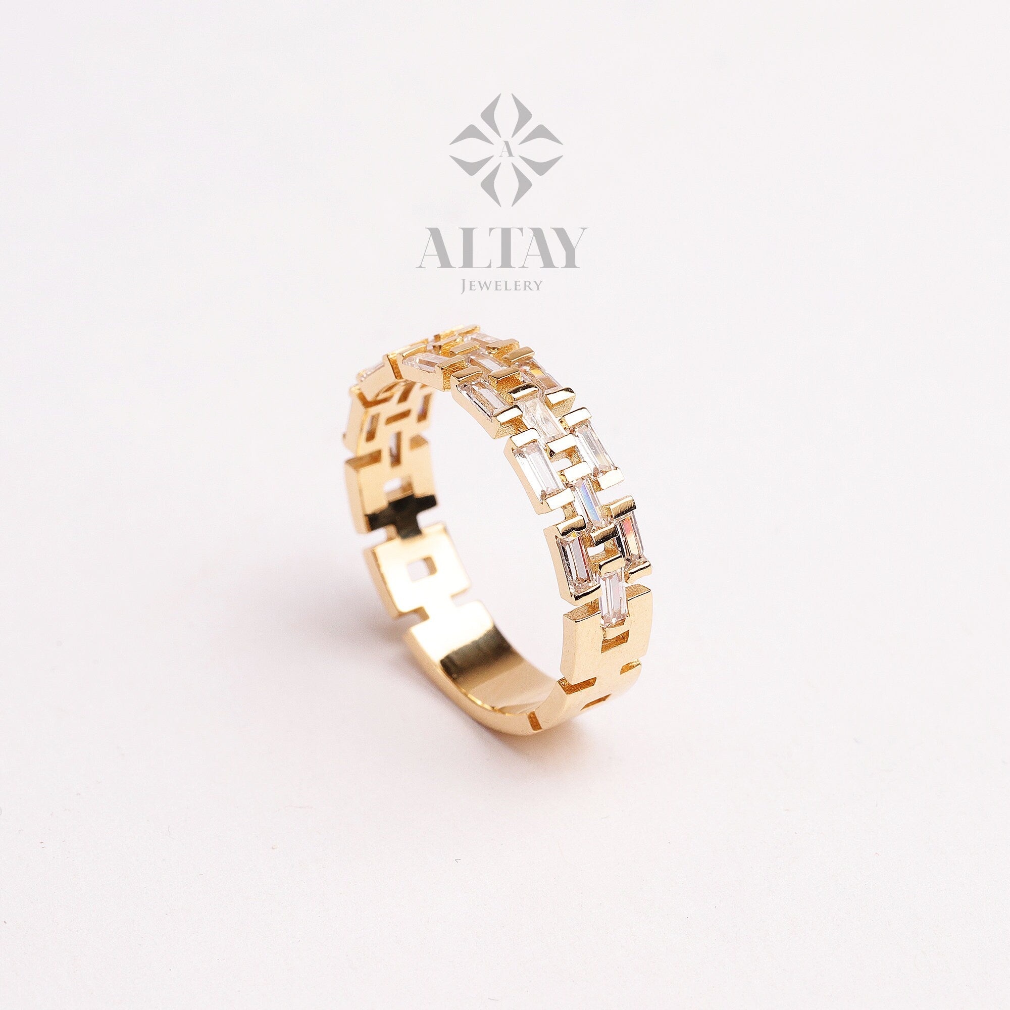 14K Gold Chain Ring, Baguette Cz Diamond Band Ring, President Band Style Unique Chain Ring, Dainty Stacking Ring, Statement Ring