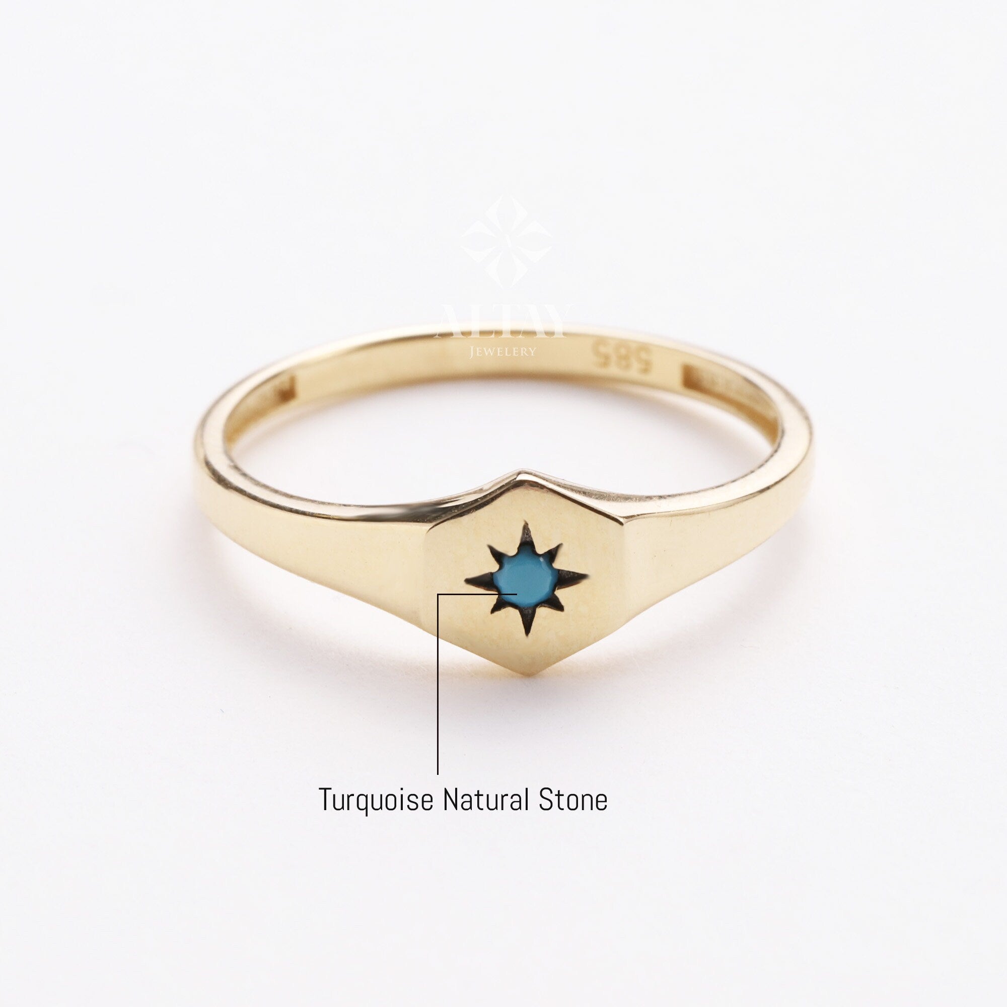 14K Gold Turquoise Stone Ring, Polar Star Band, North Star Turquoise Ring, Astrology Starburst Ring, Luck Star, Celestial Pinky Ring