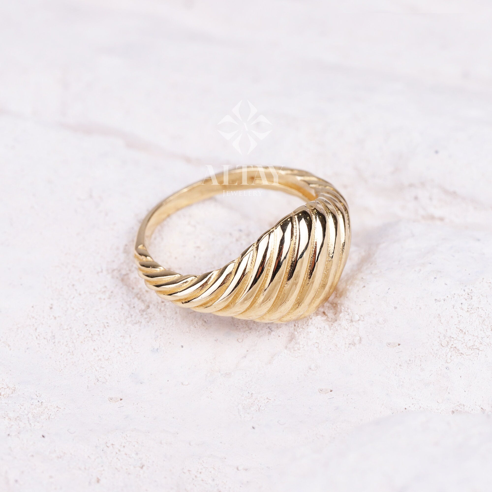 14K Solid Gold Croissant Ring, Twisted Dome Band, Chunky Gold Women Ring, Bold Statement Ring, French Croissant Ring, Ribbed Pinky Ring