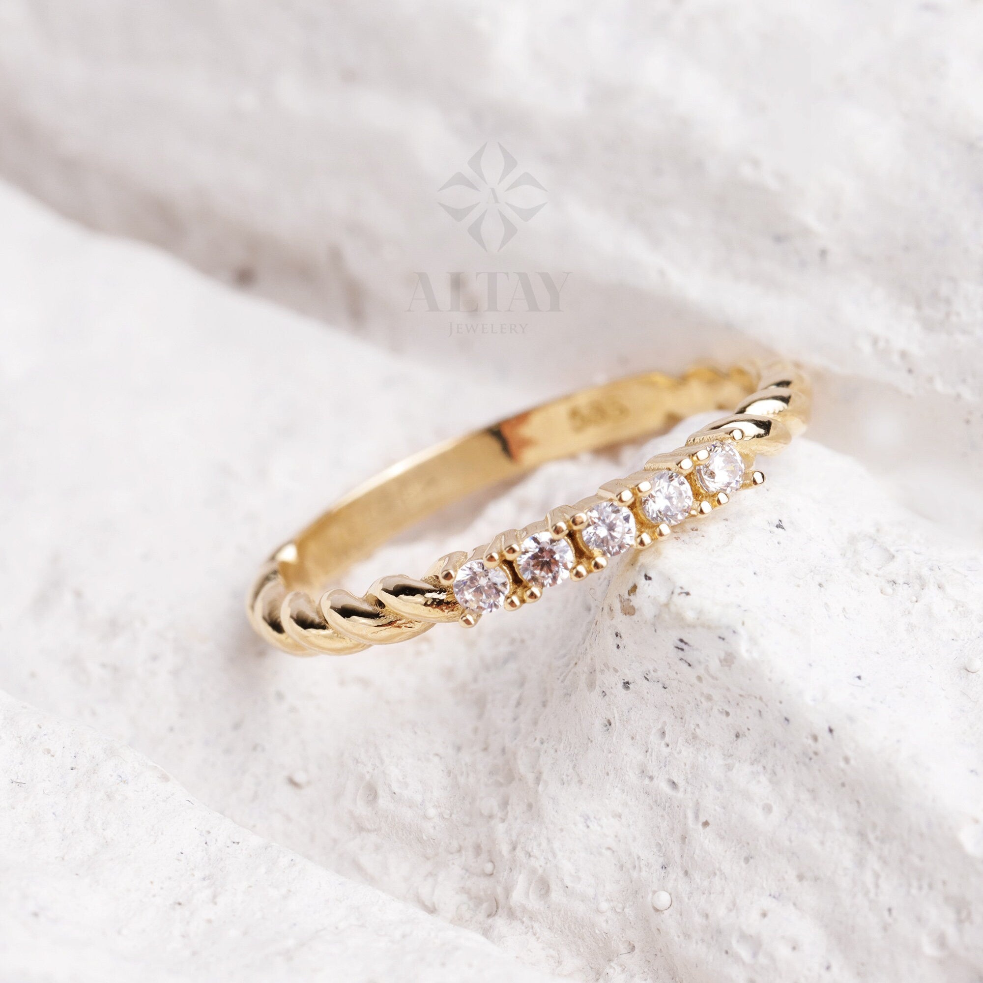 14K Gold 5 Stone CZ Diamond Wedding Ring, Braided Band, Promise Anniversary Ring, Bridal Ring, Five Stone Stacking Ring, Dainty Wedding Ring