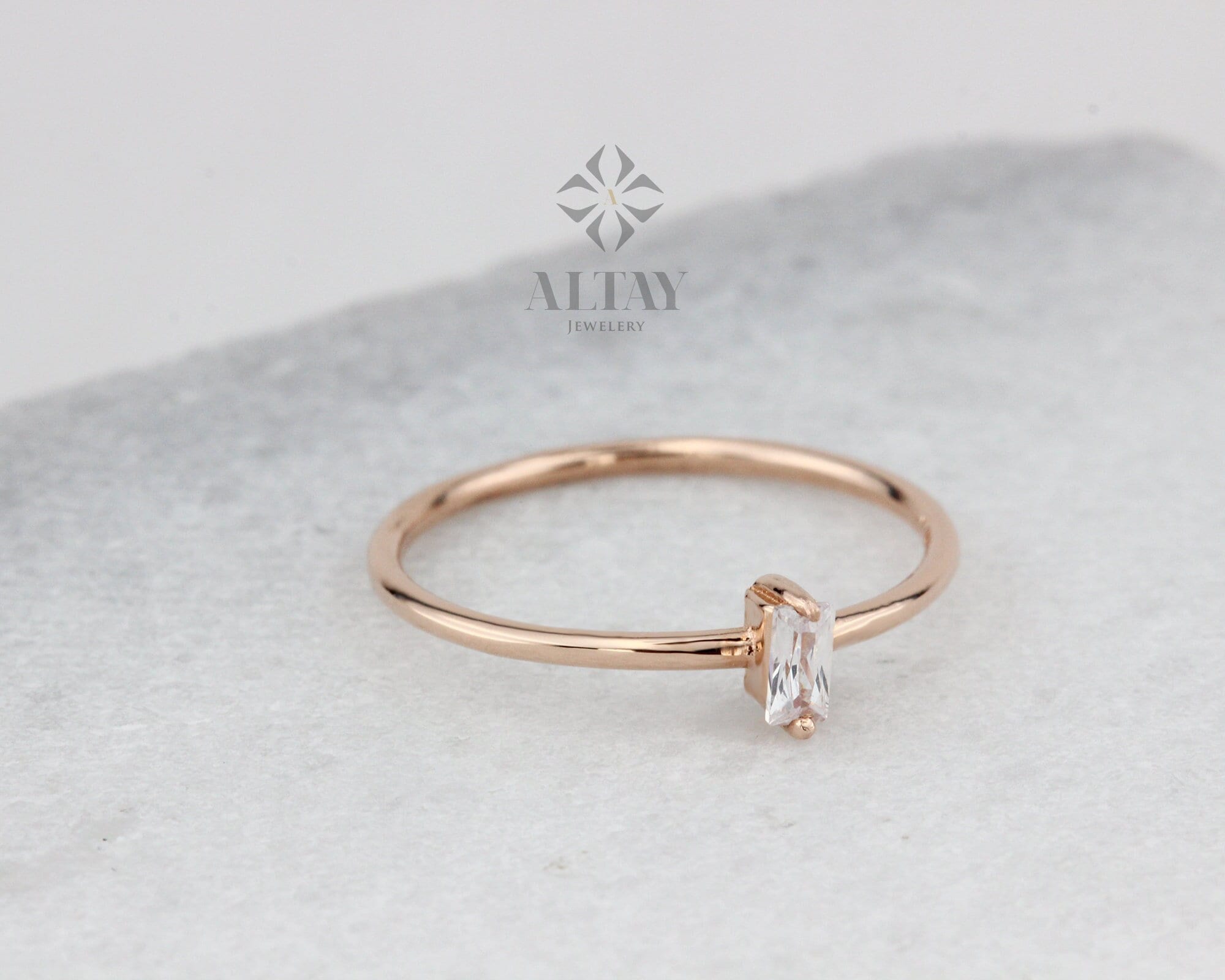 14K Gold Birthstone Baguette Ring, Custom Gemstone Ring, Personalized Solitaire Band, Dainty Ring, Stacking Ring, Gold Simple Ring Women