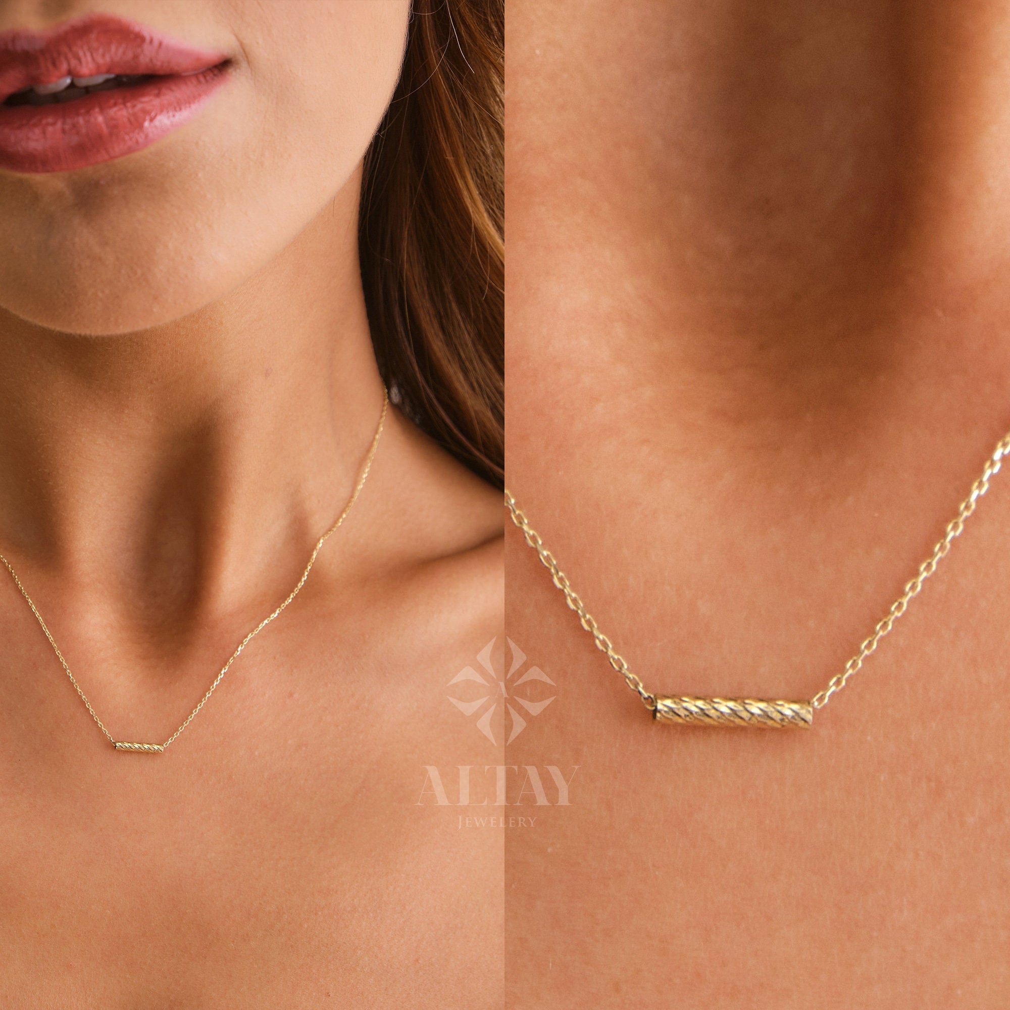 14K Gold Tube Bar Necklace, Textured Bar Pendant, Bar Chain Choker, Layering Gold Necklace, Dainty Tube Charm Necklace, Delicate Gift