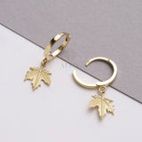14K Gold Leaf Hoop Earrings, Dangle Maple Leaf Huggies