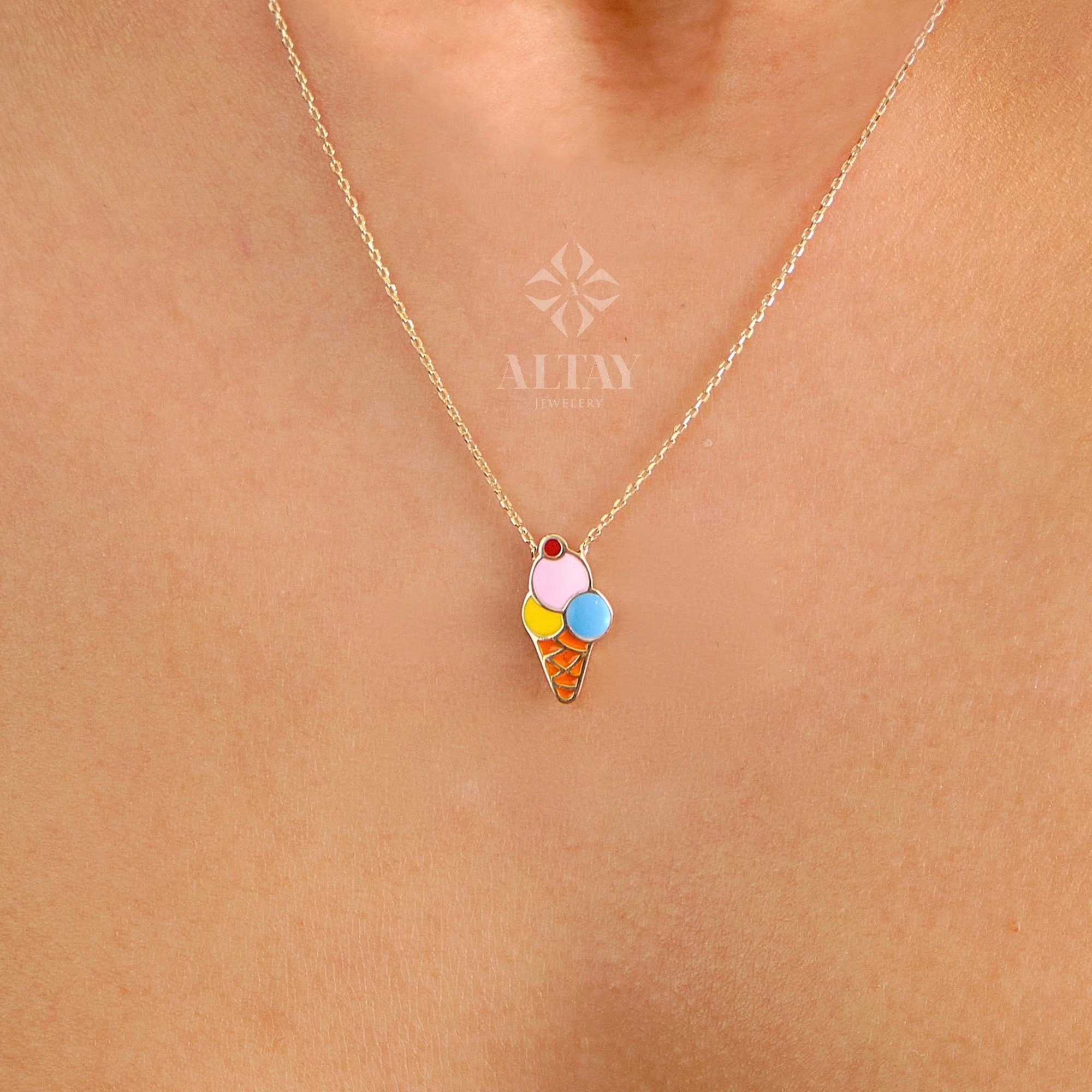 14K Gold Ice Cream Necklace, Ice Cream Pendant, Ice Cream Cone Charm, Enamel Necklace, Colorful Necklace, Summer Choker, Gift For Her