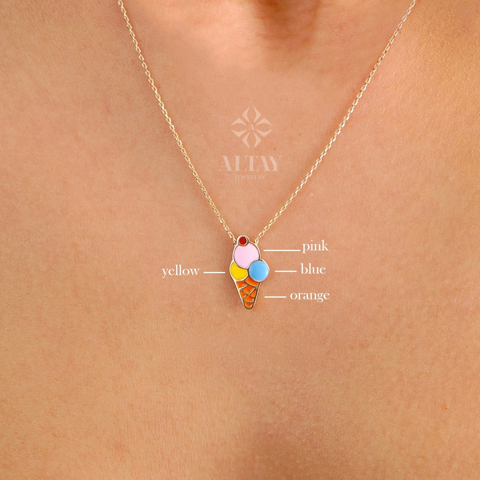 14K Gold Ice Cream Necklace, Ice Cream Pendant, Ice Cream Cone Charm, Enamel Necklace, Colorful Necklace, Summer Choker, Gift For Her