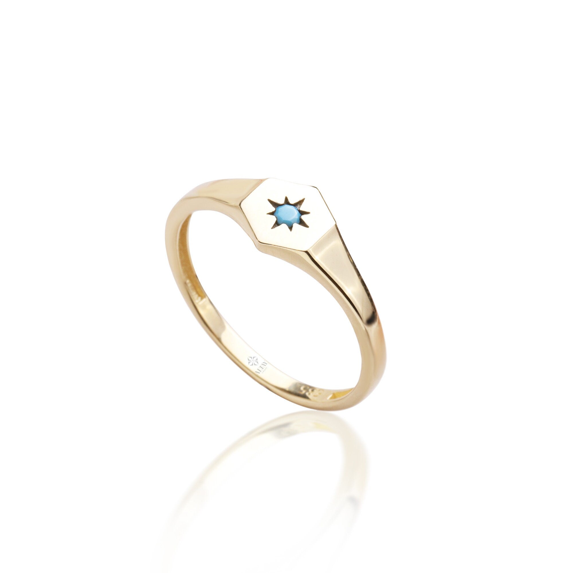 14K Gold North Star Ring, Turquoise Polar Star Band, Gold Turquoise Star Ring, Astrology Starburst Ring, Luck Star, Celestial Pinky Ring