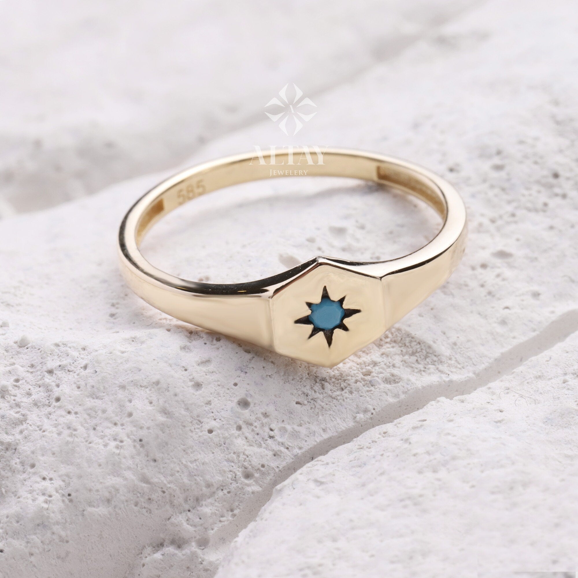 14K Gold Turquoise Stone Ring, Polar Star Band, North Star Turquoise Ring, Astrology Starburst Ring, Luck Star, Celestial Pinky Ring