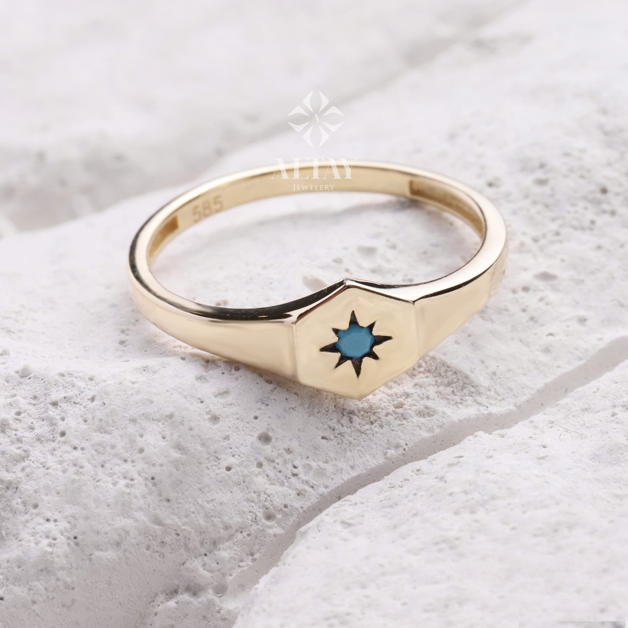 14K Gold North Star Ring, Turquoise Polar Star Band, Gold Turquoise Star Ring, Astrology Starburst Ring, Luck Star, Celestial Pinky Ring