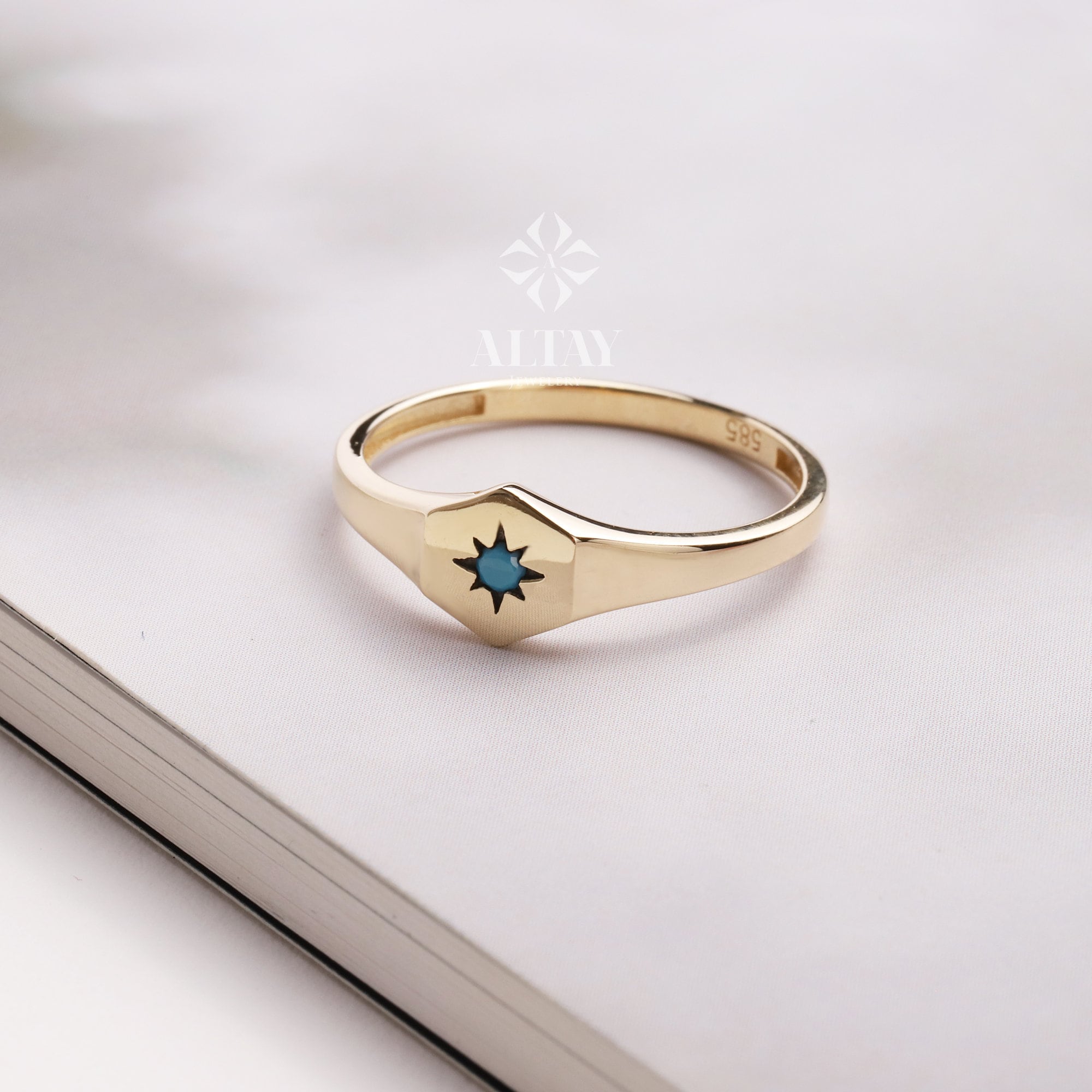 14K Gold North Star Ring, Turquoise Polar Star Band, Gold Turquoise Star Ring, Astrology Starburst Ring, Luck Star, Celestial Pinky Ring