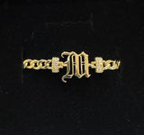 14K Gold Cuban Link Old English Initial Bracelet, 5mm Curb Letter Chain