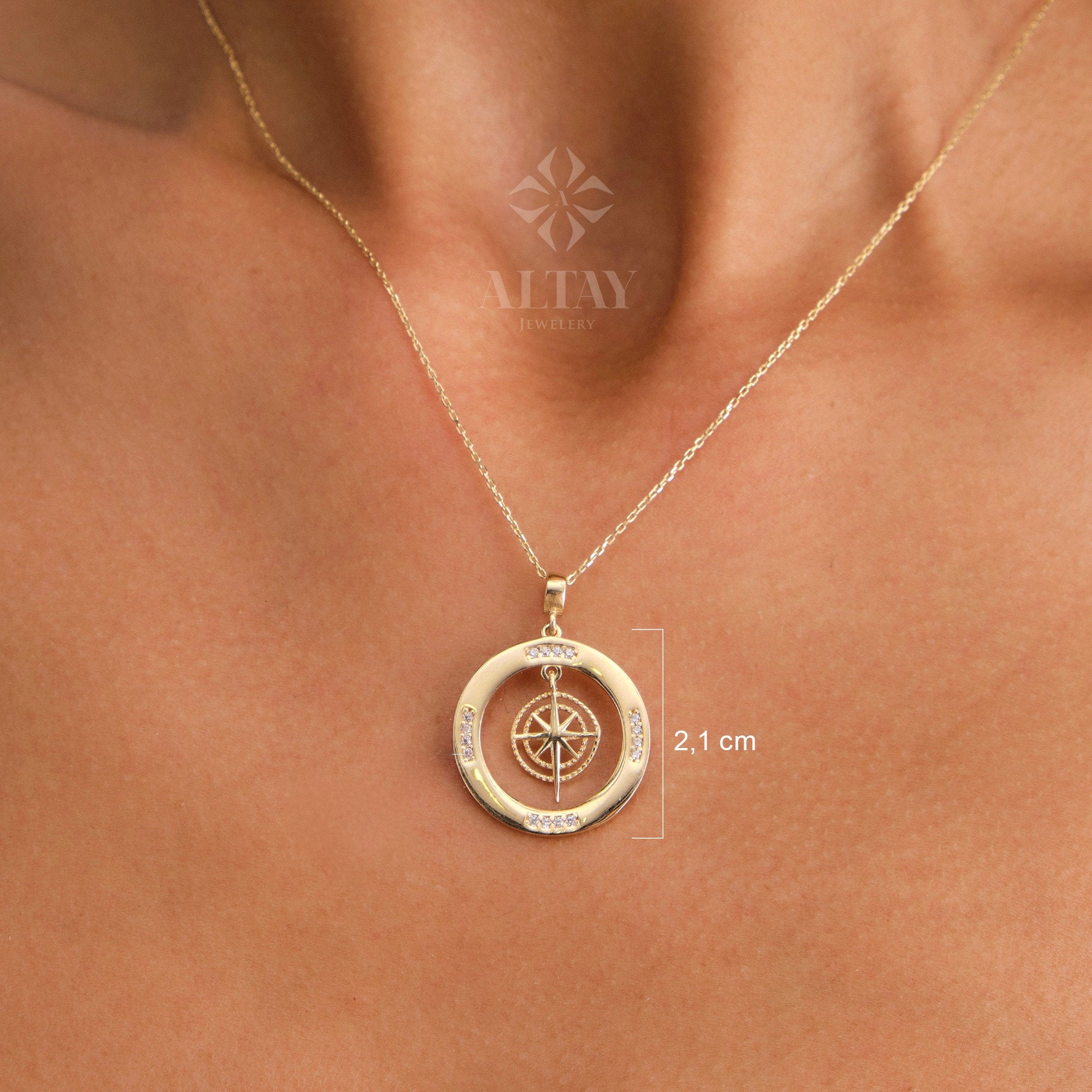 14K Gold Compass Necklace, Zirconia Stones Compass Jewelry, Cz Diamonds Necklace, Compass Charm, Personalized Compass, Custom Pendant