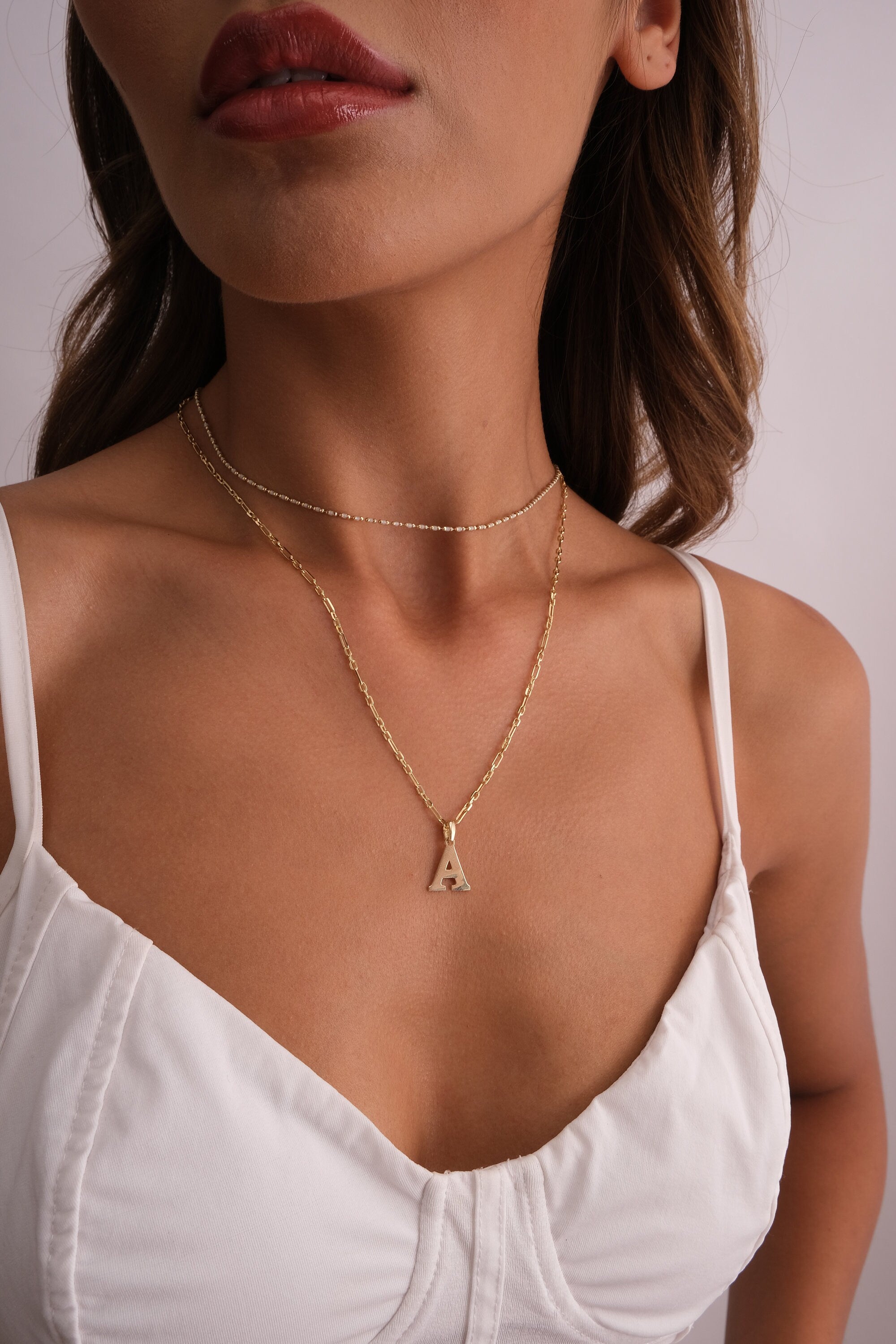 14K Gold Paperclip Chain Necklace, Personalized Initial Necklace, Rectangle Link Choker, Italian Paperclip Chain Necklace, Dainty Layering
