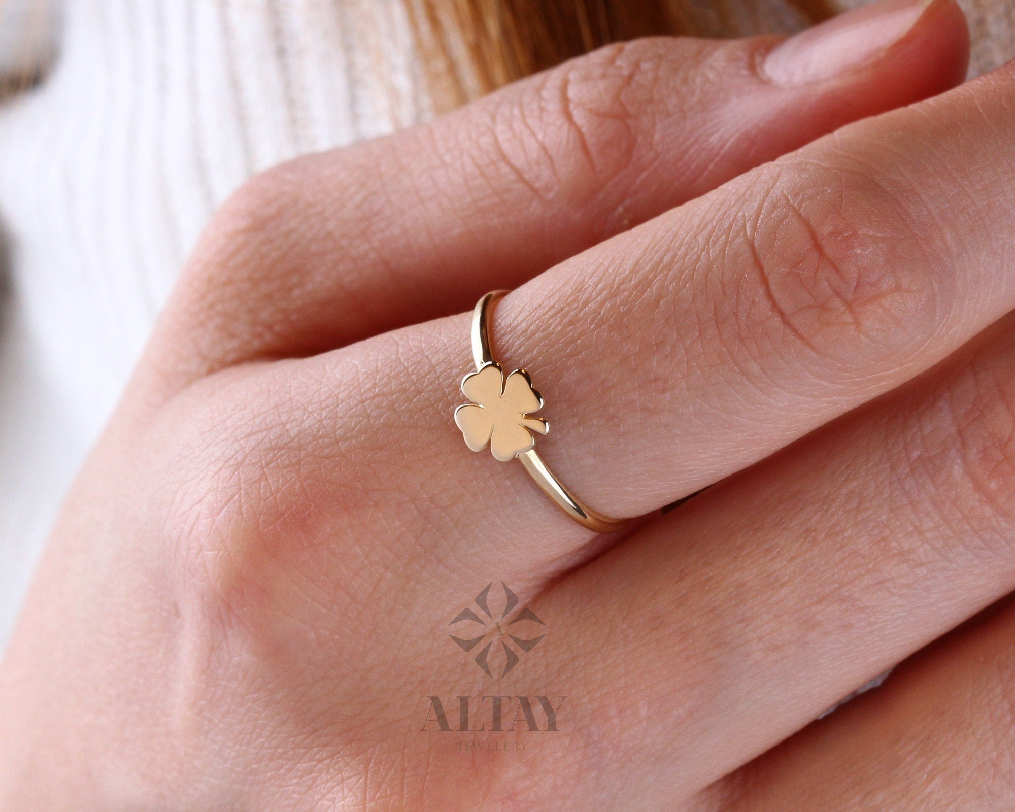 14K Gold Four Leaf Clover Ring, Dainty Good Luck Ring, Clover Lucky Charm Ring, Gold Leaf, St. Patrick's Day Accessory Band, Gift for Her