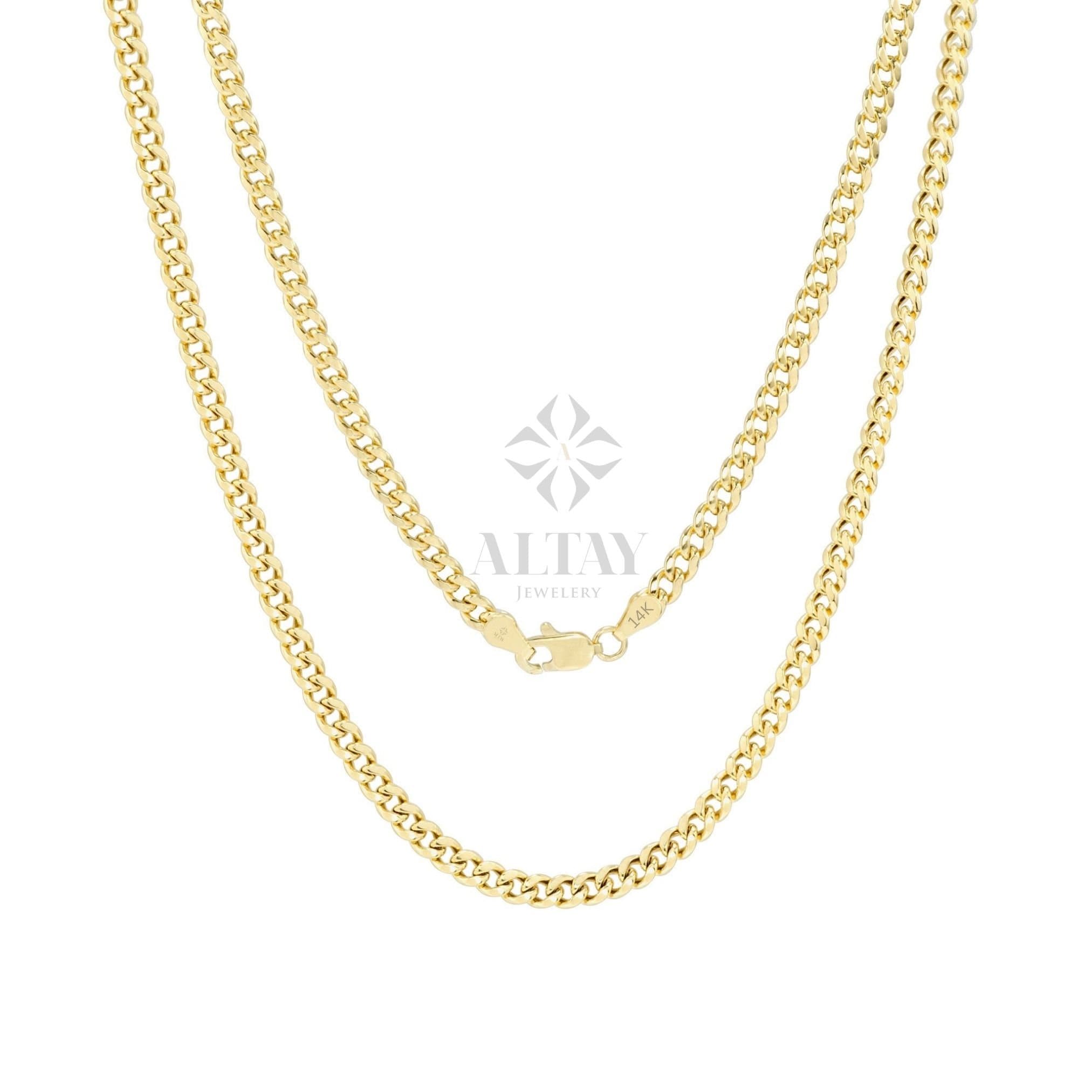 14K Gold Cuban Link Chain Necklace, 3mm Curb Chain Necklace, Miami Cuban Link Chain Choker, Gold Layered Necklace, Mens Women Necklace