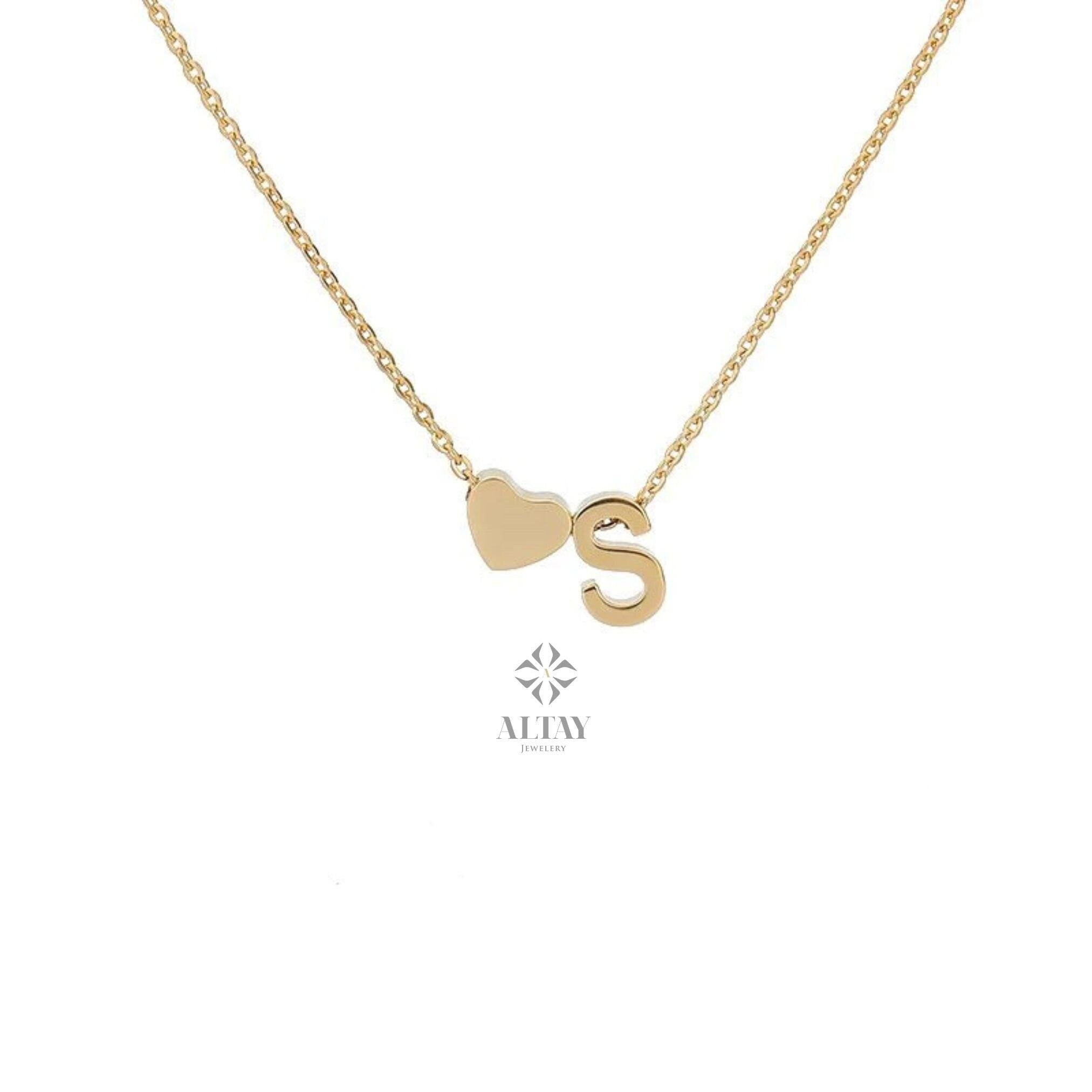 14K Gold Heart Initial Necklace, Custom Letter Necklace, Dainty Initial Necklace, Gold Personalized Name Necklace, Love Pendant Necklace