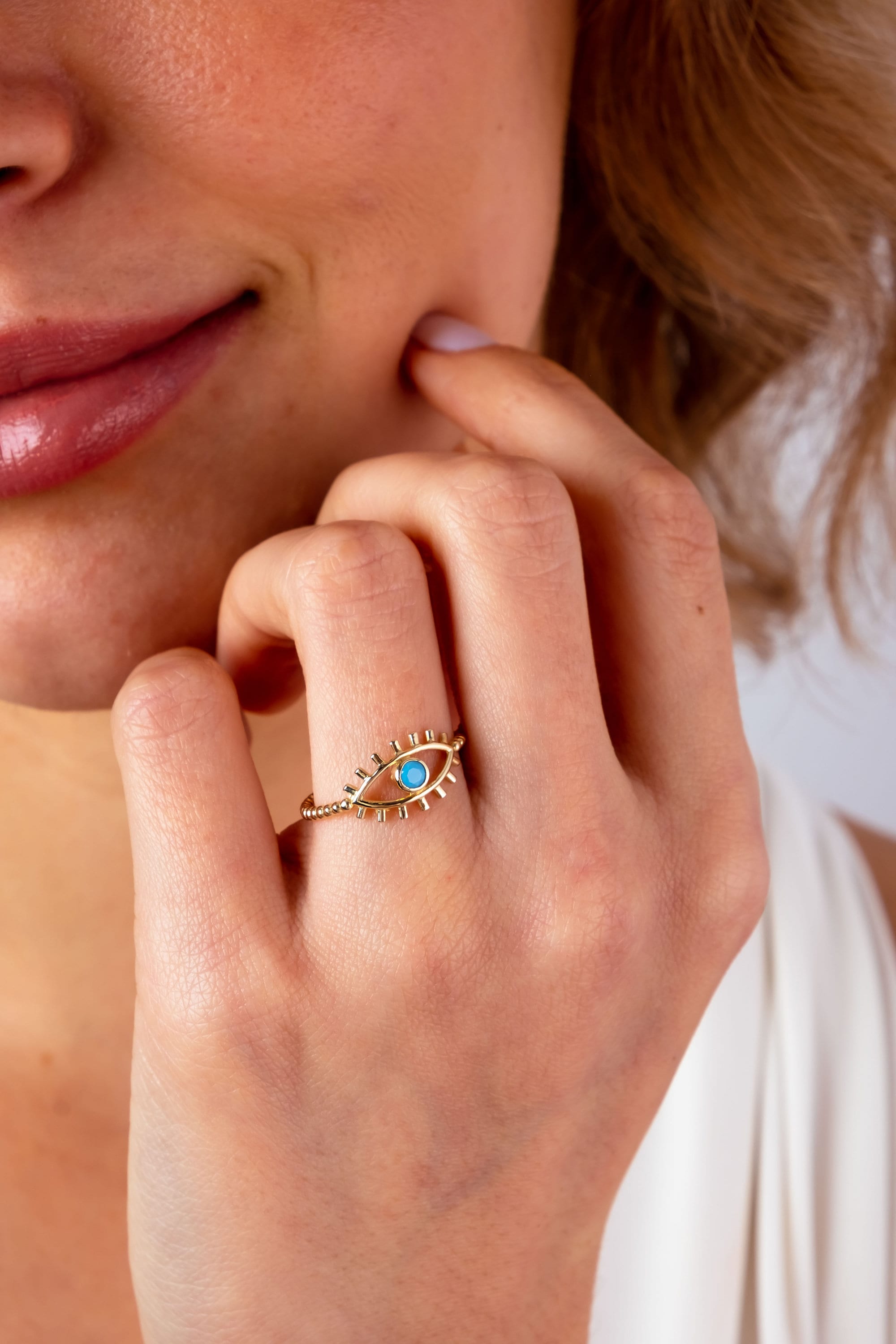 14K Gold Eye Ring, Turquoise Stone Ring, Unique Design Gold Ring, Dainty Protection Ring, Good Luck Ring, Tiny Evil Eye Gold Band Ring