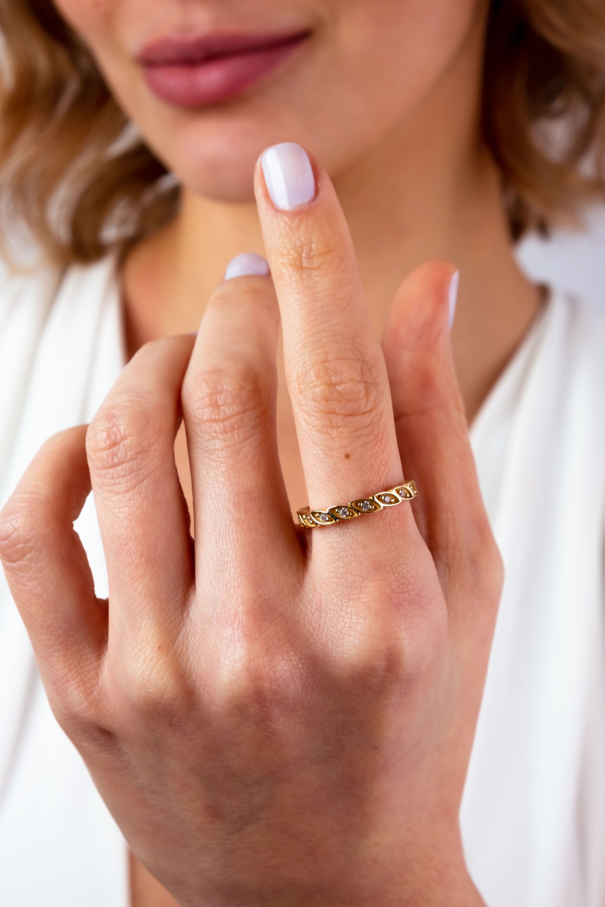 14K Gold Art Deco Wedding Band Ring, Half Eternity Cz Diamond Wedding Ring, Marquise Wedding Band, Stacking Ring, Dainty Stacking Ring