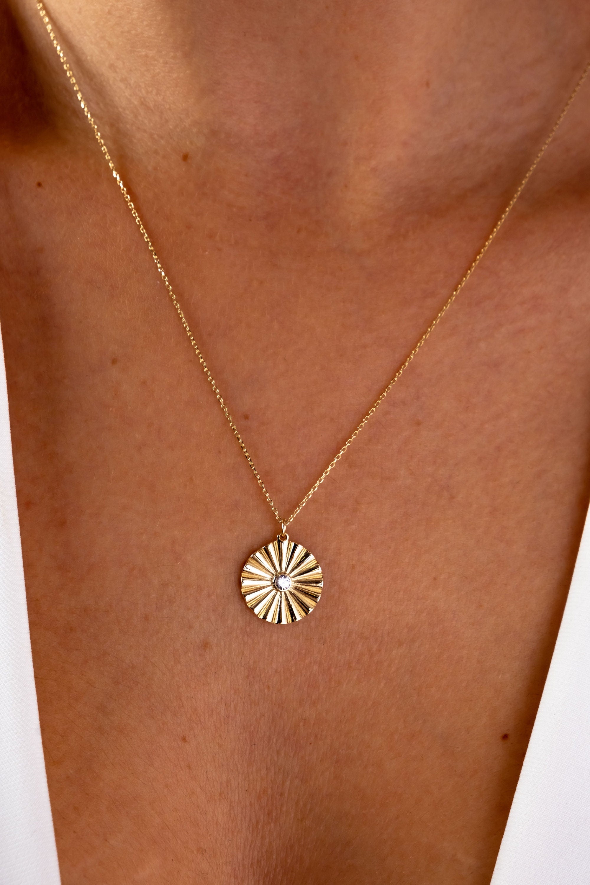 14K Gold Sunshine Necklace, Circle Sunshine Pendant, Disc Sun Charm Choker, Sunburst Medallion Necklace, Coin Necklace, Christmas Sale