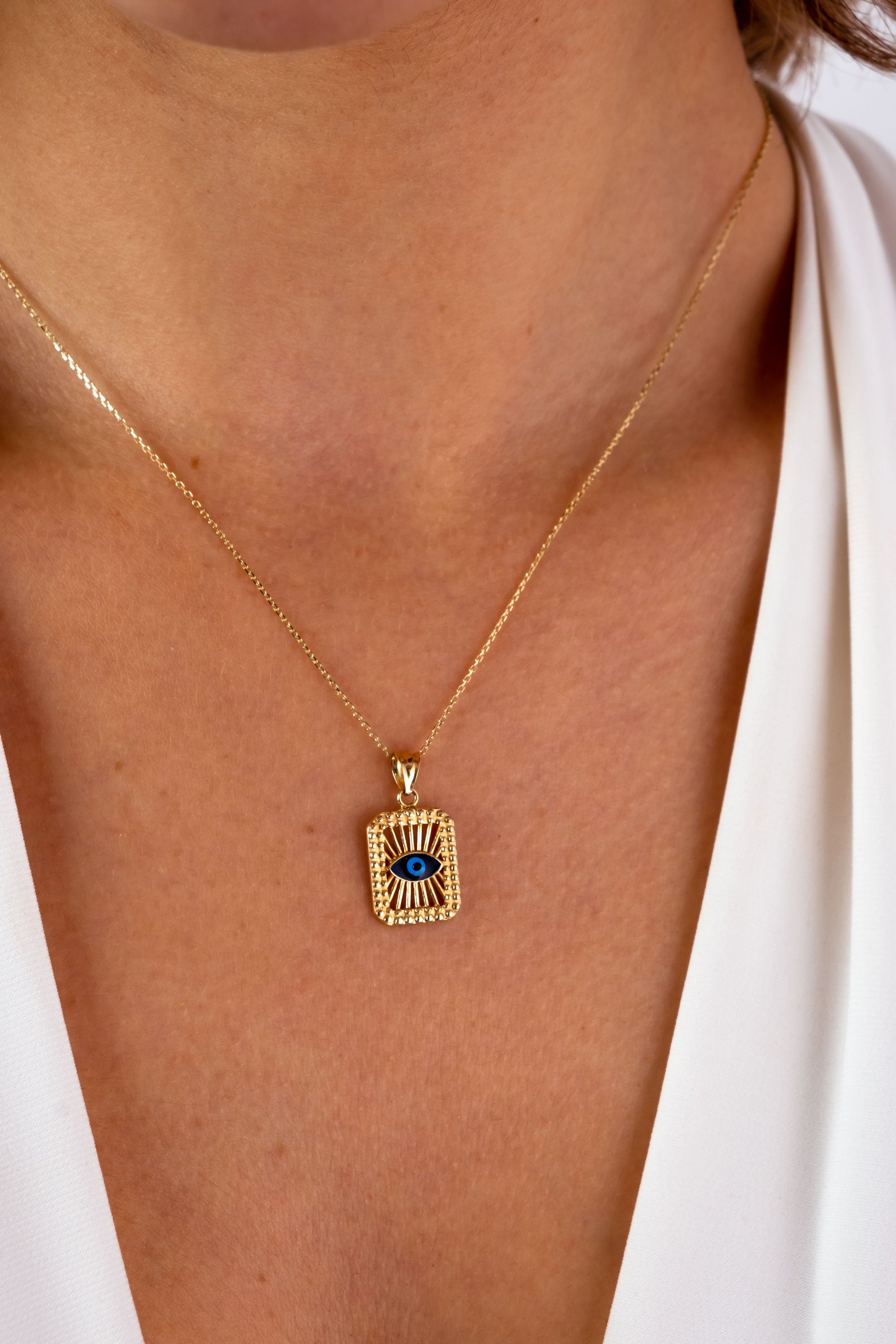 14K Evil Eye Necklace, Rectangle Evil Eye Pendant, Square Block Hamsa Pendant, Evil Eye Medallion, Gold Necklace for Women, Luck Necklace