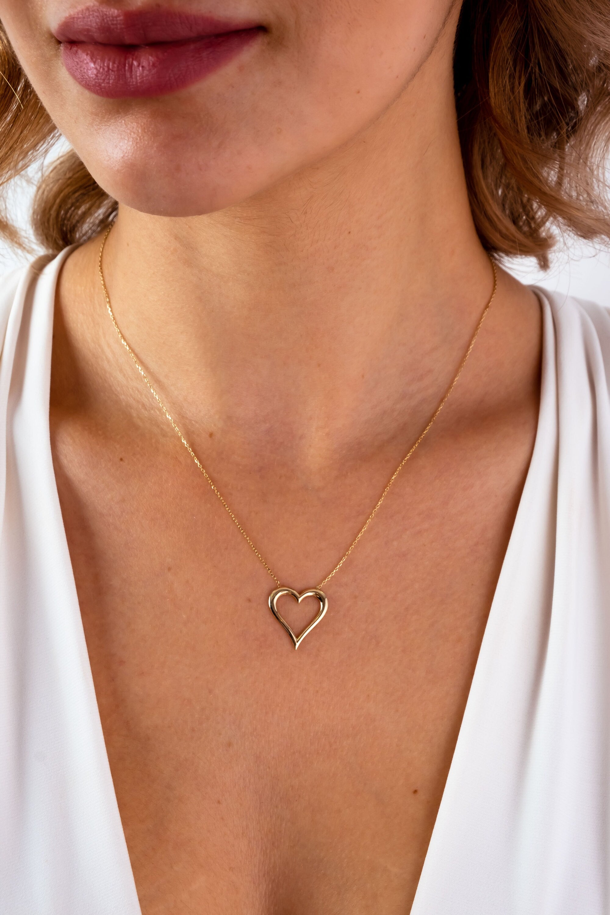 14K Gold Open Heart Necklace, Heart Pendant Necklace, Heart Outline Necklace, Love Charm Choker, Forever Love Necklace, Valentine's Day Gift