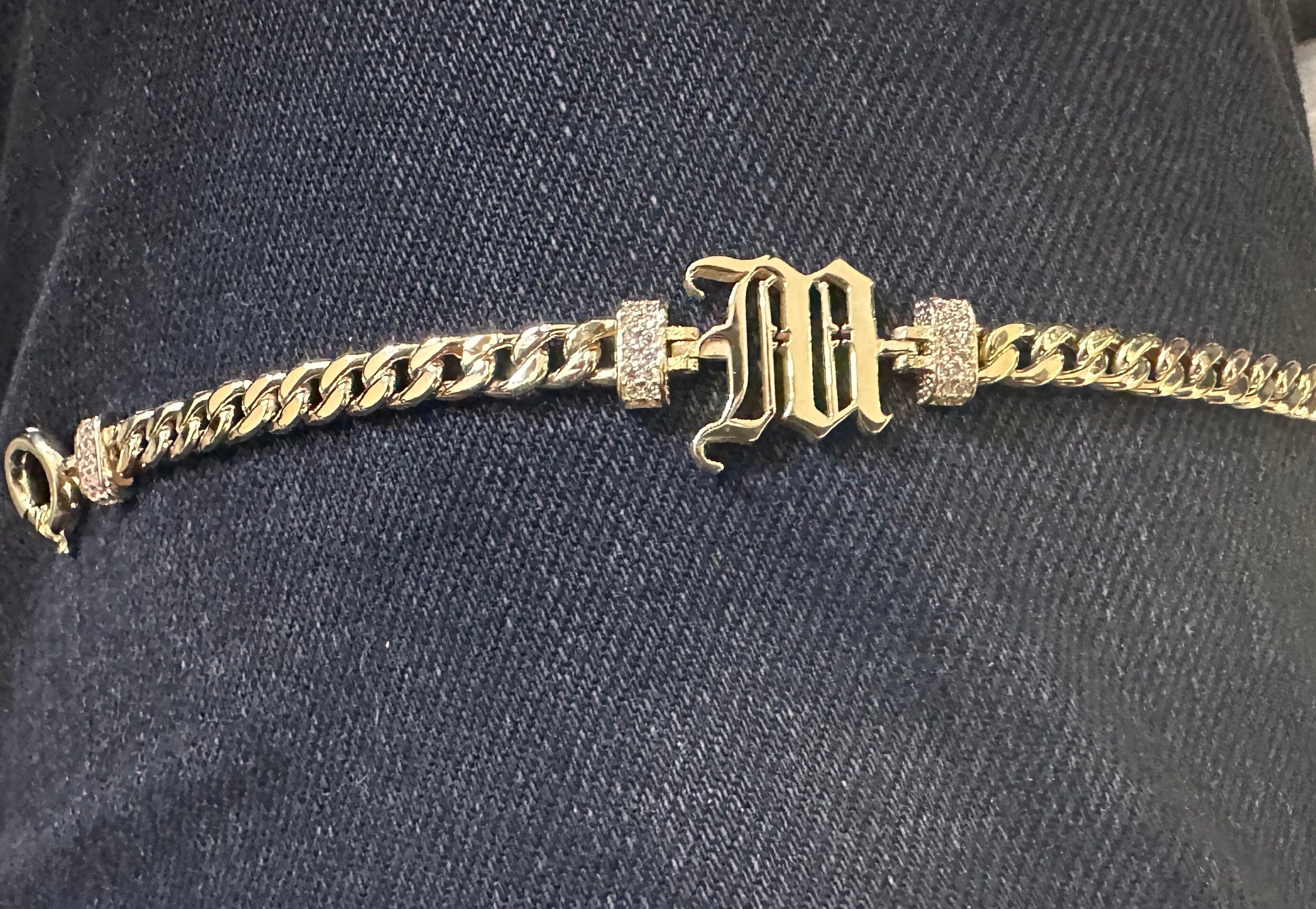 14K Gold Cuban Link Old English Initial Bracelet, 5mm Curb Letter Chain, Custom Gothic Style Name Bracelet, Personalized Gold Bracelet