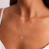 14K Gold Circle Necklace, CZ Diamond Circle Pendant Necklace