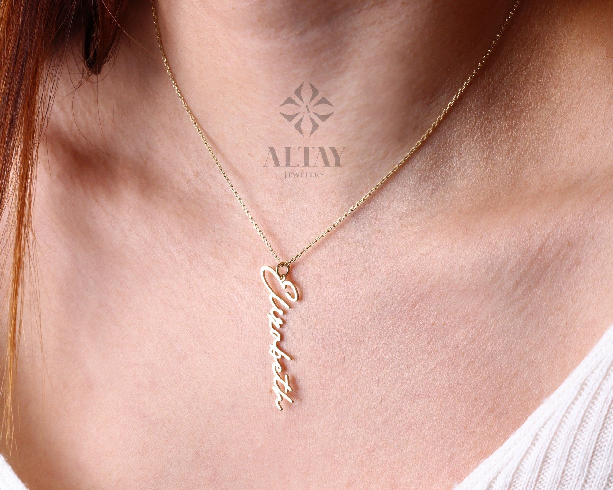 14K Gold Personalized Name Necklace, Vertical Handwriting Name Necklace, Custom Cursive Nameplate Pendant, Dainty Memorial Gift for Her