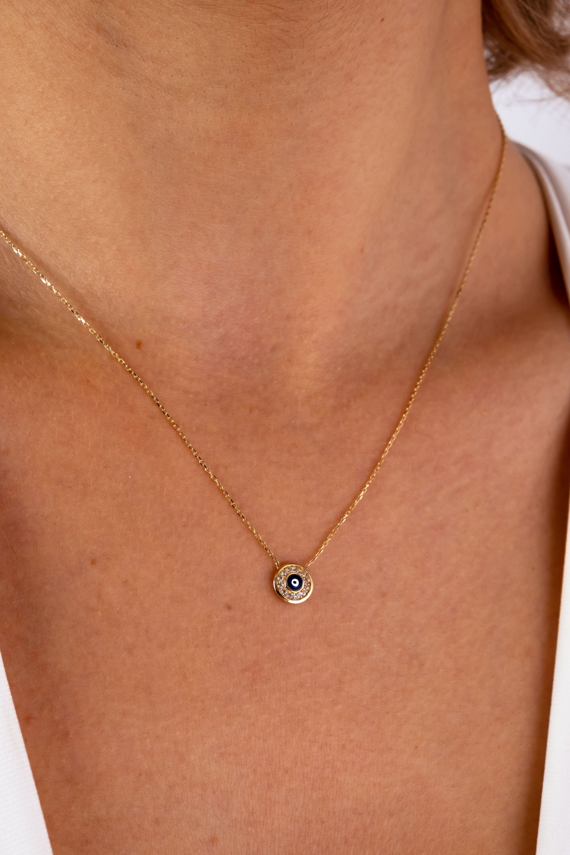 14K Gold Evil Eye Necklace, Gold Evil Eye Pendant, Evil Eye CZ Diamond Charm, Kabbalah Necklace, Good Luck Protection Symbol, Gift For Her