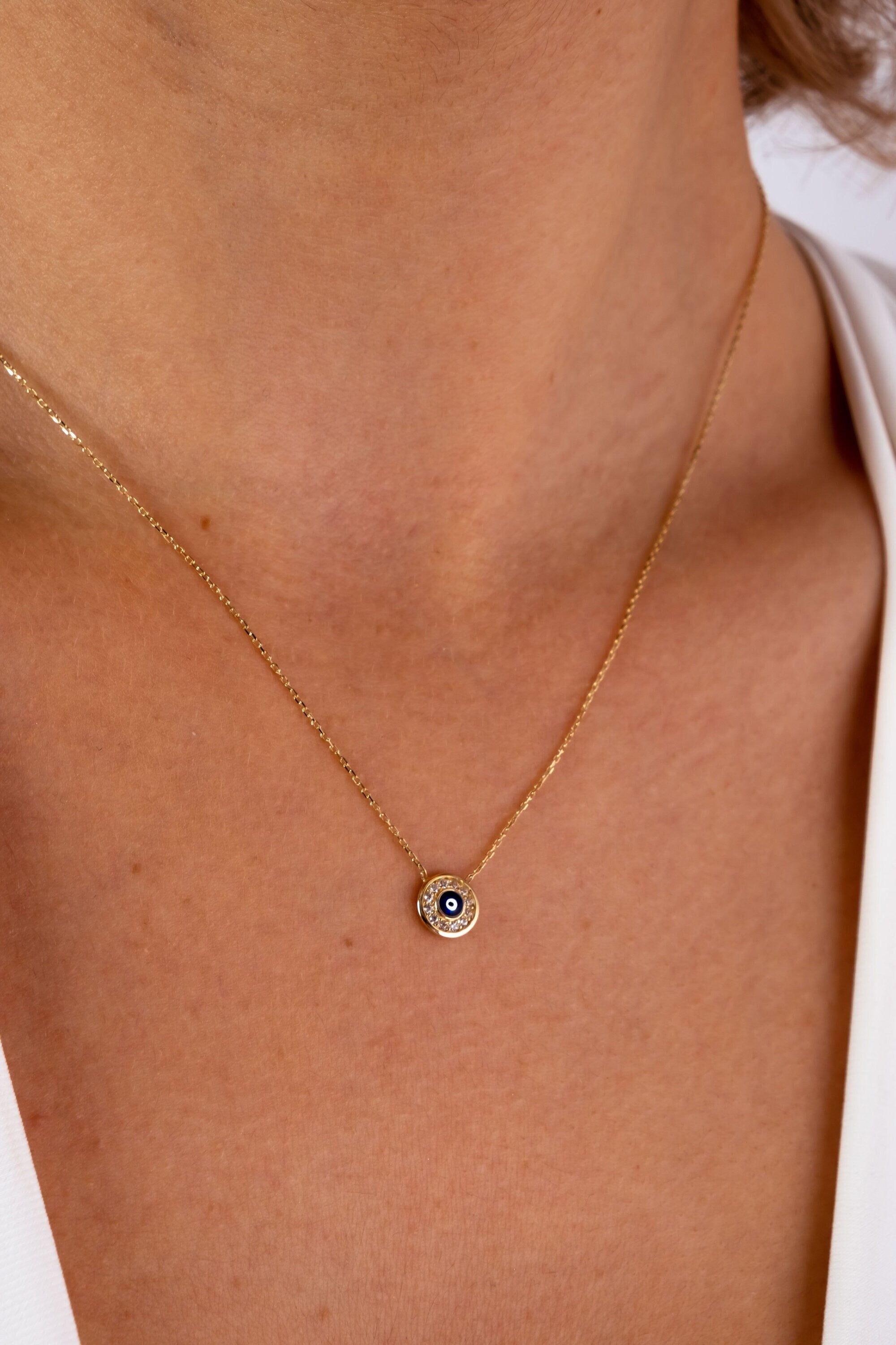 14K Gold Evil Eye Necklace, Gold Evil Eye Pendant, Evil Eye CZ Diamond Charm, Kabbalah Necklace, Good Luck Protection Symbol, Gift For Her