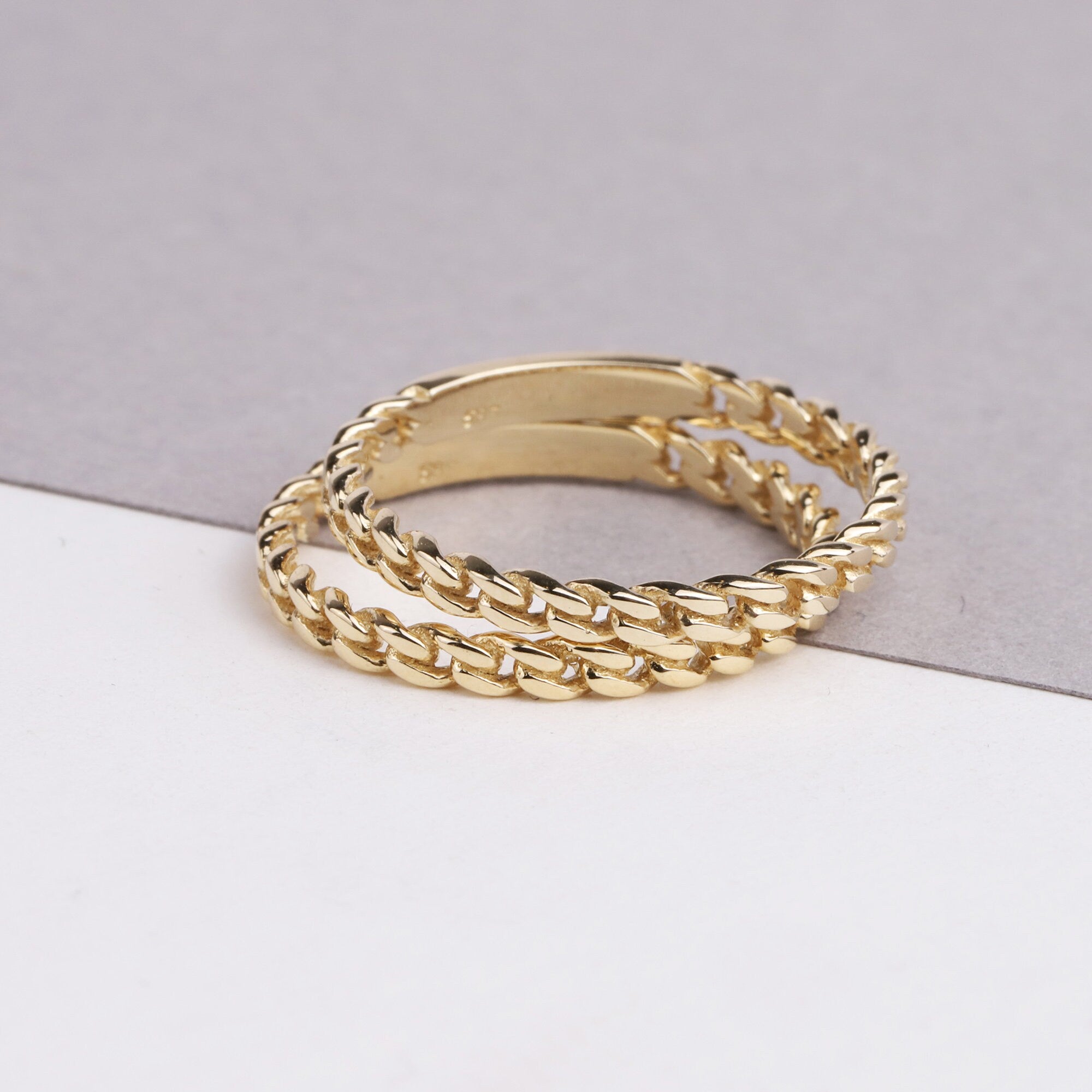 14K Gold Chain Ring, 2MM Cuban Link Ring, Thin Chain Curb Ring, Cuban Chain Ring, Solid Gold Stacking Ring, Minimalist Chain Link