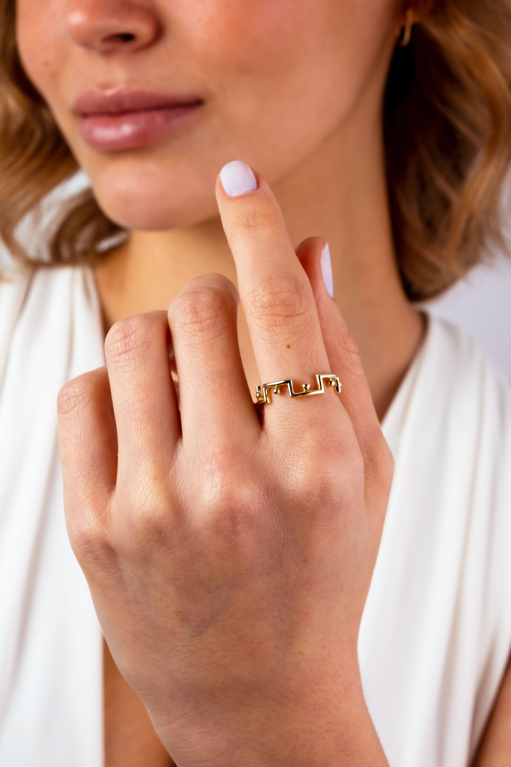 14K Gold Edge Ring, Dainty Geometric Bead Ring, Chunky Edge Gold Ring, Designer Thick Band Statement Ring, Angular Ring Real Gold