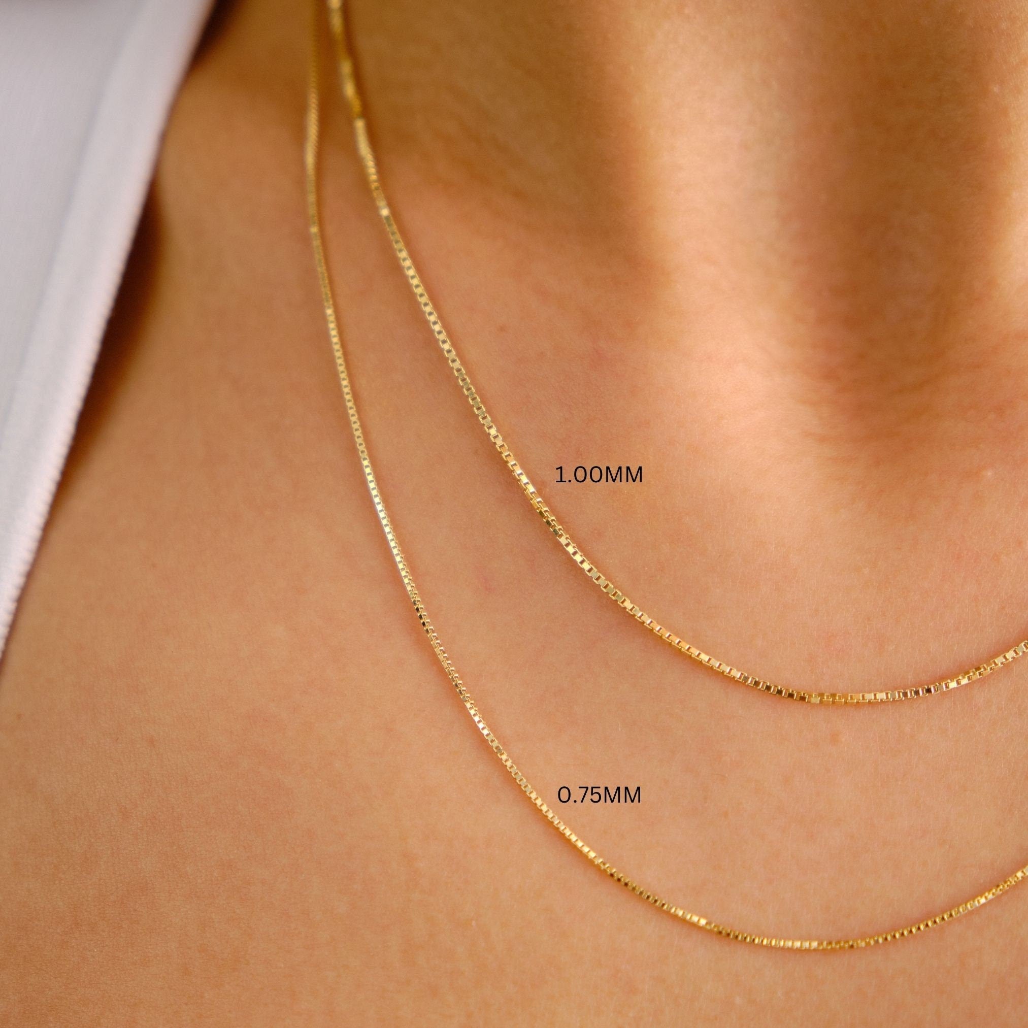 14K Solid Gold Box Chain Necklace, 0.75mm 1mm Minimal Gold Chain