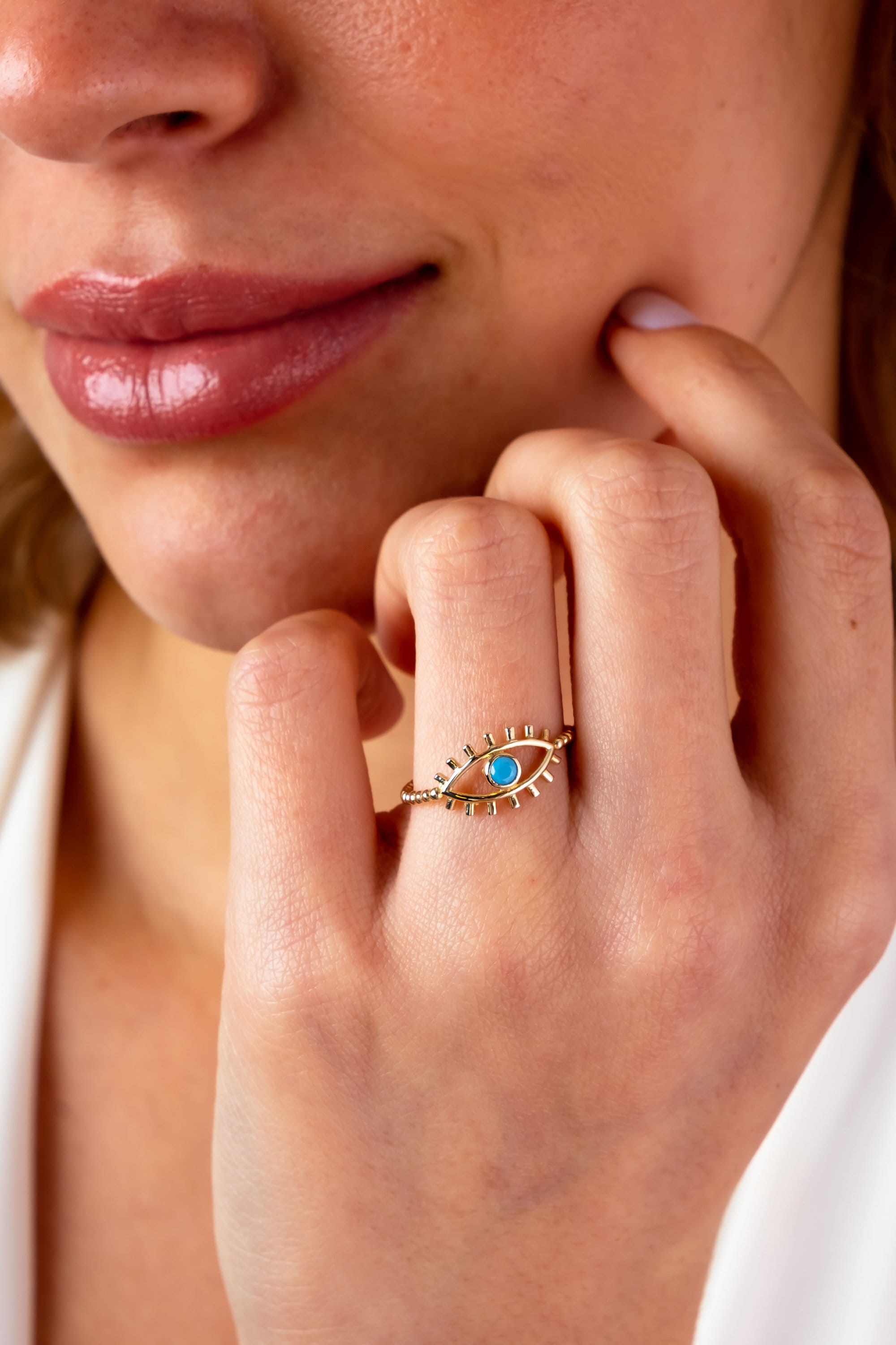 14K Gold Eye Ring, Turquoise Stone Ring, Unique Design Gold Ring, Dainty Protection Ring, Good Luck Ring, Tiny Evil Eye Gold Band Ring