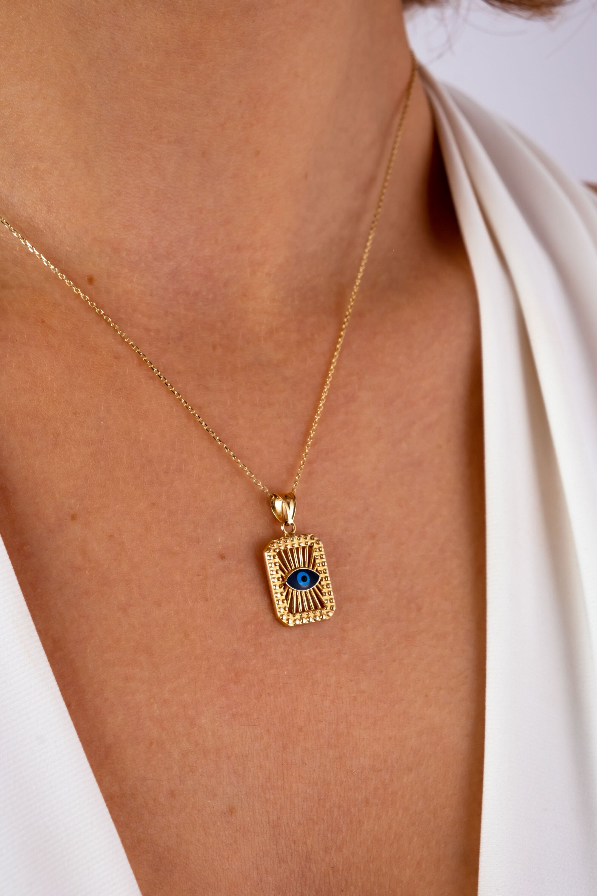 14K Evil Eye Necklace, Rectangle Evil Eye Pendant, Square Block Hamsa Pendant, Evil Eye Medallion, Gold Necklace for Women, Luck Necklace