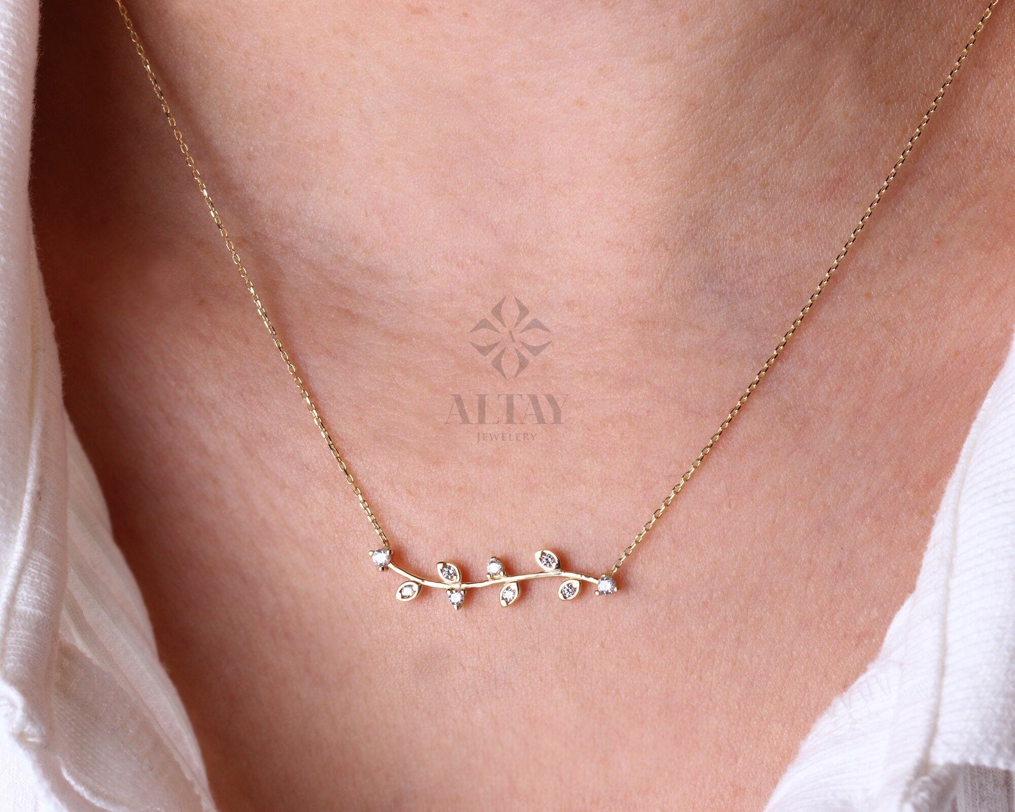 14K Gold Olive Branch Necklace, Gold Leaf Choker, Olive Leaf Charm, Cz Diamond Stone Necklace, Leaf Necklace, Christmas, Gift For Her