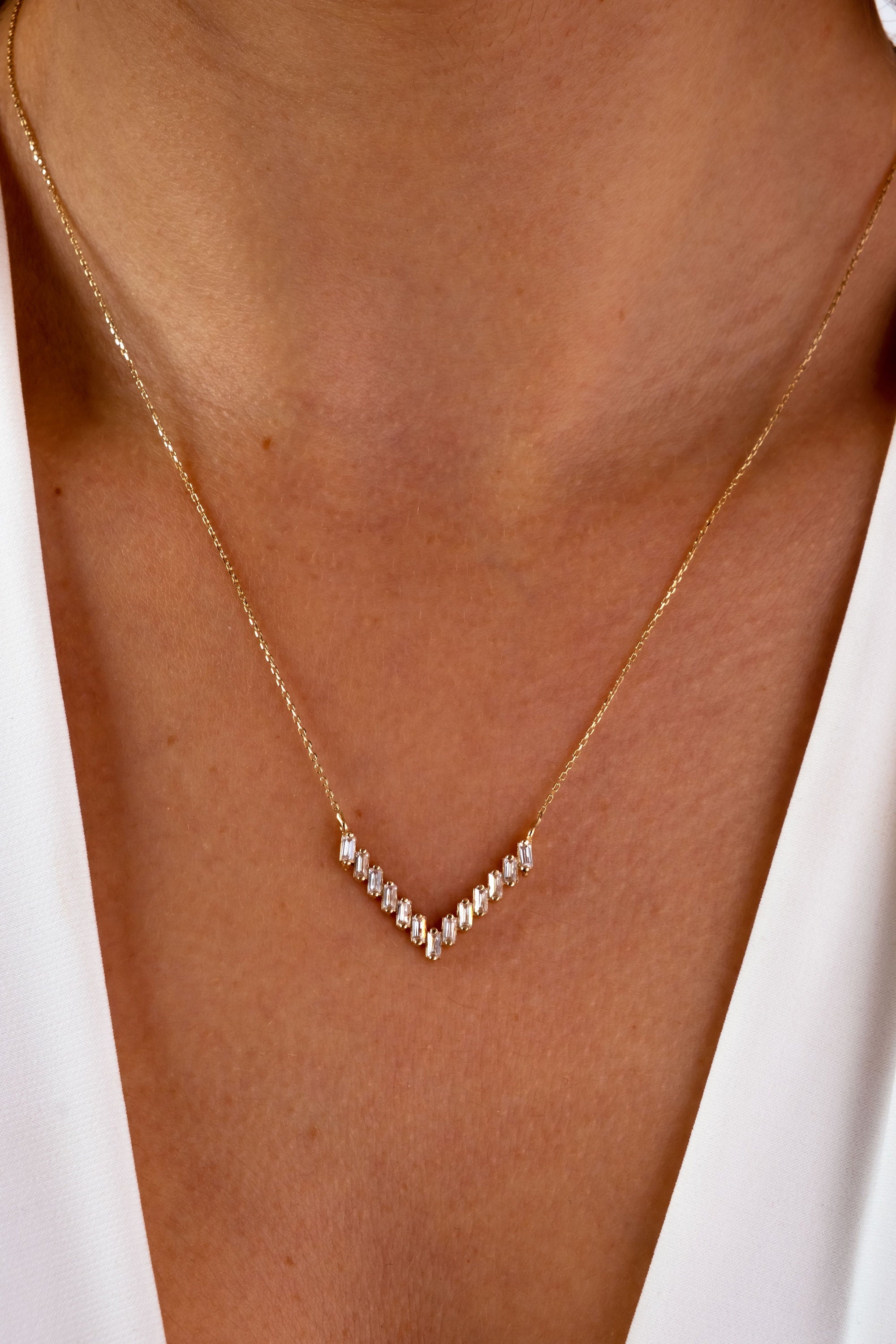 14K Gold V Shaped Necklace, CZ Baguette Diamond Chevron Pendant Necklace, Minimalist Geometric Chevron V Charm, Wedding Gift For Wife