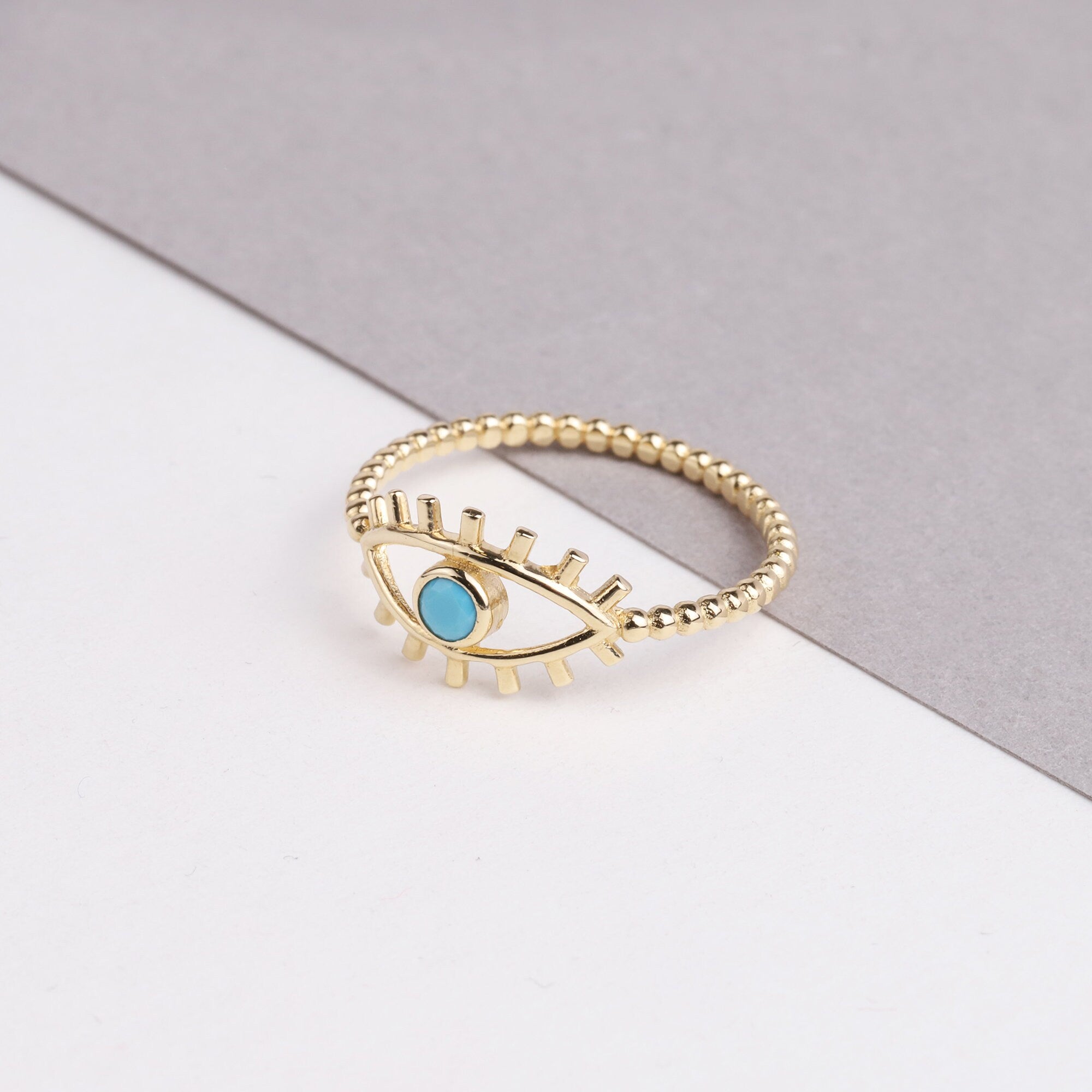 14K Solid Gold Evil Eye Ring, Turquoise Stone, Good Luck Ring,Dainty Ring, Stackable Ring, Gift For Her, Minimal Ring, Delicate Fashion Ring