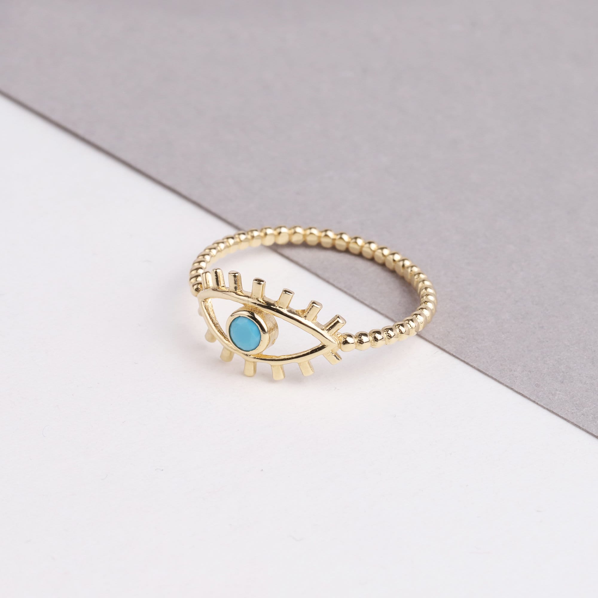 14K Gold Eye Ring, Turquoise Stone Ring, Unique Design Gold Ring, Dainty Protection Ring, Good Luck Ring, Tiny Evil Eye Gold Band Ring