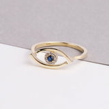 14K Gold Evil Eye Ring, Evil Eye CZ Diamond Band Ring