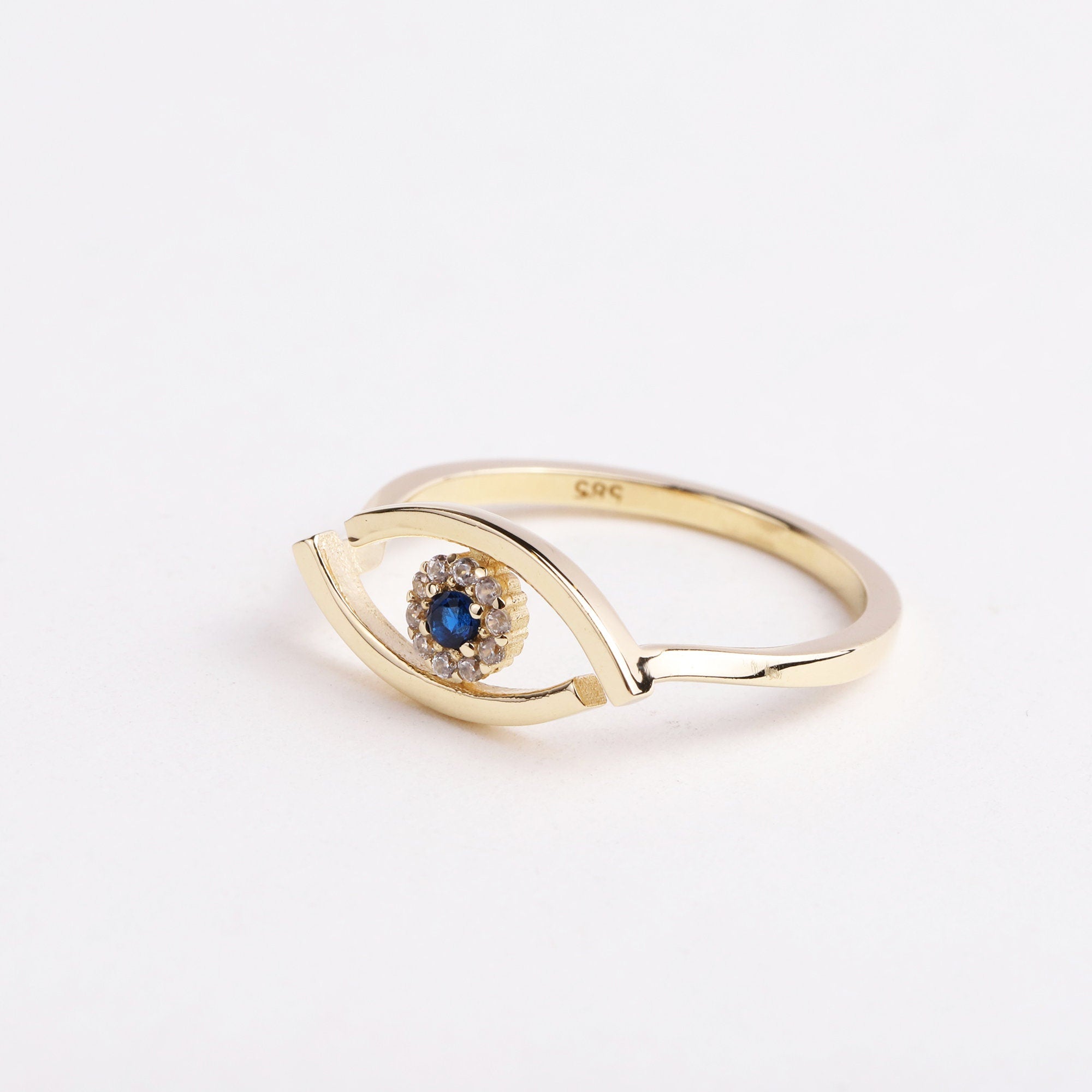 14K Gold Evil Eye Ring, Evil Eye CZ Diamond Band Ring, Hamsa Ring, Sapphire Ring for Women, Third Eye Ring, Delicate Pinky Protection Ring